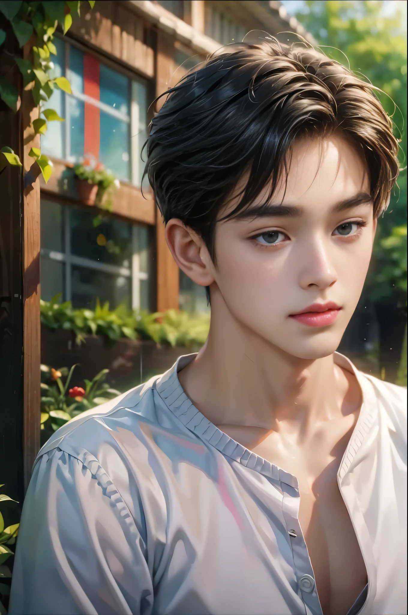a close up of a person with a shirt on and a building in the background, inspired by Yanjun Cheng, inspired by Zhang Han, realistic. cheng yi, inspired by Bian Shoumin, kawaii realistic portrait, artwork in the style of guweiz, high quality portrait, yanjun chengt, inspired by jeonseok lee, inspired by Yeong-Hao Han
