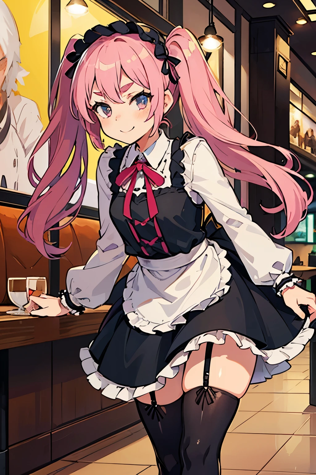 young girl with pink hair long twin-tail hairstyle, small thick eyebrows, with gothic lolita clothes, lolicon (Zankuro) drawing style of the zankuro artist, Zancrow style, image uploaded to R34, walking in the mall, flirty smile , suddenly having sex in public, doggy style sex , ((public sex in restaurant))
