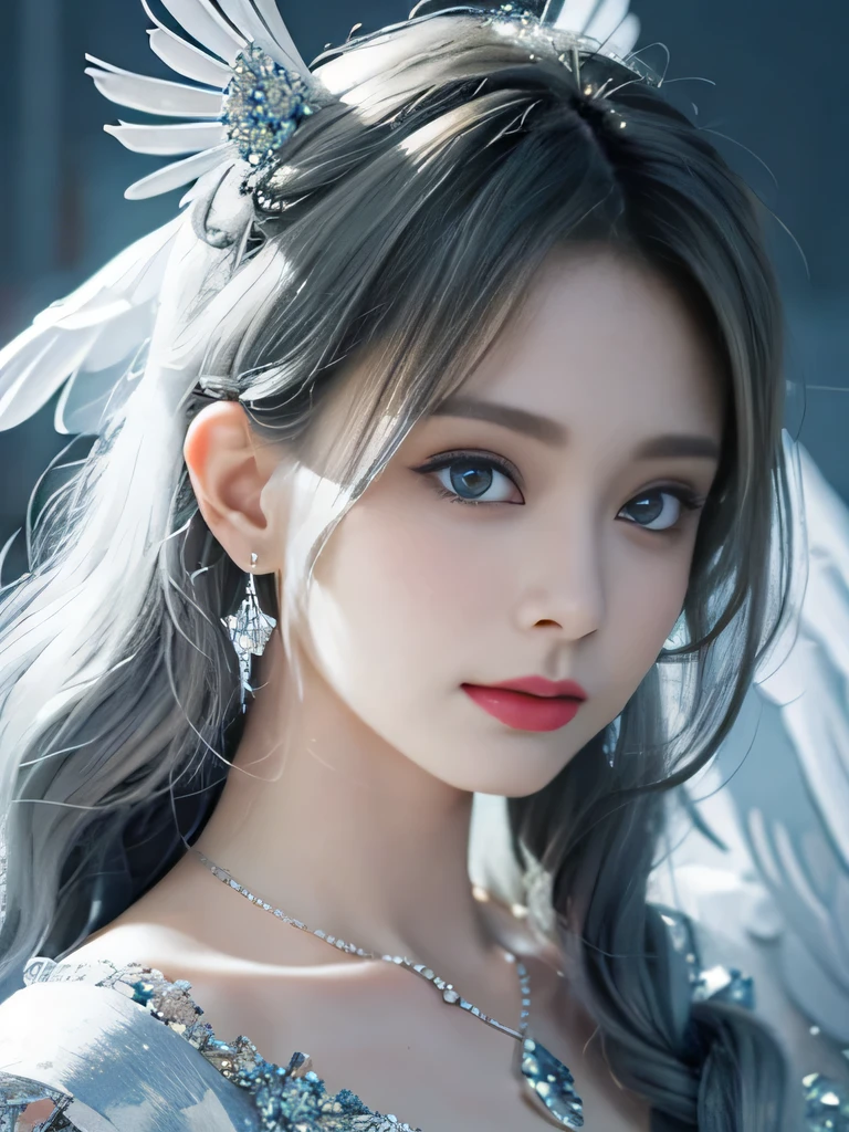 8K、she is a wind fairy、angel wings on the back、blue eyes、Dress that shows your collarbones、blue sky background、close up of face、gray hair、big feathers、Blue and white background、platinum decoration、platinum earrings、platinum necklace、プラチナsilver hair、platinum silver eyebrows、flashy decoration、Braid、white and blue、smile、clear white skin、well-groomed face、naganami、silver hair、expression of anger、
