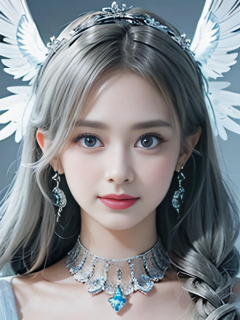 8K、she is a wind fairy、angel wings on the back、blue eyes、Dress that shows your collarbones、blue sky background、close up of face、gray hair、big feathers、Blue and white background、platinum decoration、platinum earrings、platinum necklace、プラチナsilver hair、platinum silver eyebrows、flashy decoration、Braid、white and blue、smile、clear white skin、well-groomed face、naganami、silver hair、expression of anger、