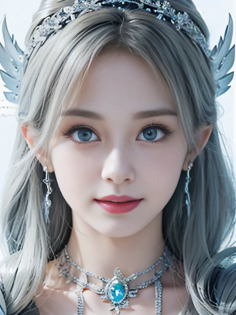 8K、she is a wind fairy、angel wings on the back、blue eyes、Dress that shows your collarbones、blue sky background、close up of face、gray hair、big feathers、Blue and white background、platinum decoration、platinum earrings、platinum necklace、プラチナsilver hair、platinum silver eyebrows、flashy decoration、Braid、white and blue、smile、clear white skin、well-groomed face、naganami、silver hair、expression of anger、
