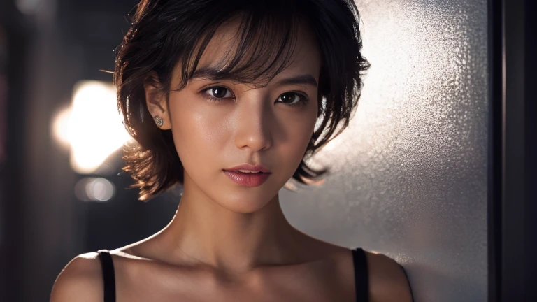 Wet roads ,drenched, Dripping, Wet Face,Wet clothes, Wet Skin, Wet Hair,A young woman with a cute face like a Japanese idol,(Cleavage),((Cinema Lighting),(Natural light),(High level of artistry),(artistic),(Indistinguishable quality from the real thing),RAW Photos,Genuine,Genuine,High resolution,RAW Photos,masterpiece, beautiful, Handsome Tomboy, Looks like a salon model, Cool face, Neutral facial features,