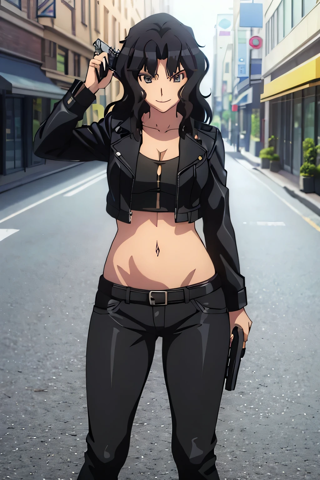 kaoru, black hair, masterpiece, best quality, highly detailed, a girls with a gun, evil smile , open mouth, sexy gaze, badass
pose , evil smile, smile, (nsfw) not safe for work, guns blazing, anime girl with long hair, beautiful long
haired girl, navel, evil expression, exposed belly, exposed navel, exposed midriff, exposed lower belly,
long black pants, crop top, cleavage, unbuttoned leather pants ,open fly, low rise black leather pants,
leather jacket, holding a gun, outdoor,street,road, navel piercing