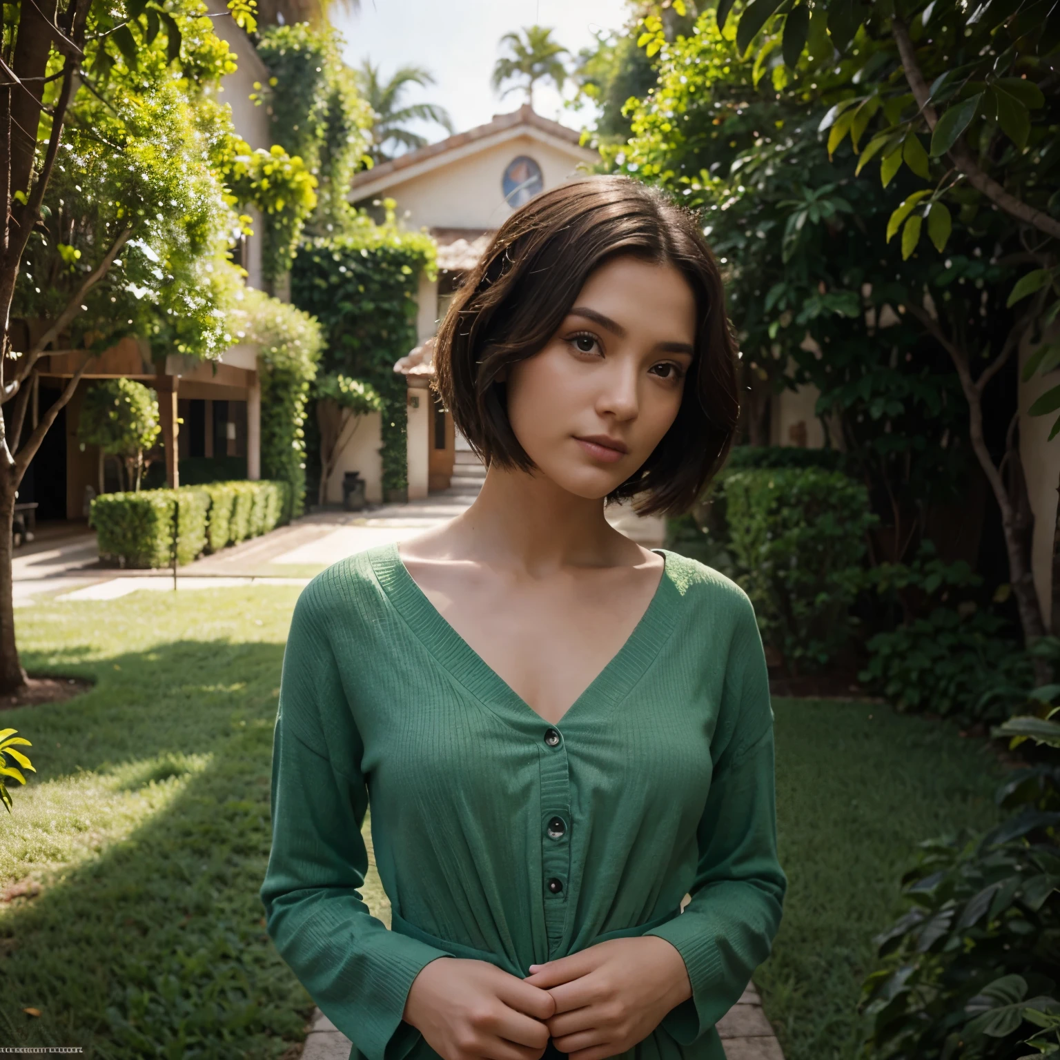 Criar estilo capa de filme Pixar, mulher de pele branca, cabelo loiro escuro, olhos verdes, vestindo vestido branco e com jesus ao seu lado em um jardim de flores