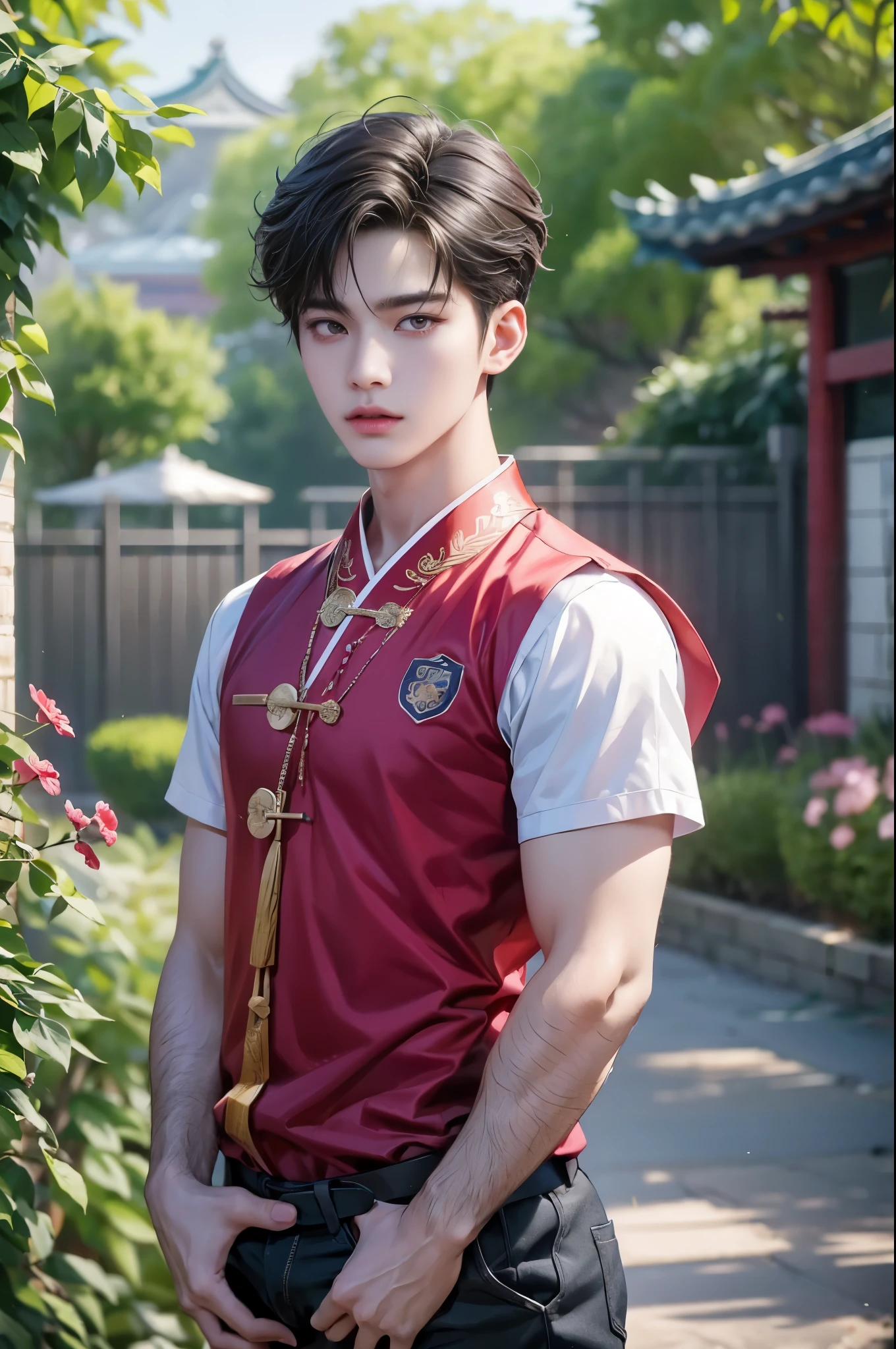 there is a man standing in front of a bush with a tie, cai xukun, inspired by Bian Shoumin, inspired by Zhang Han, jinyoung shin, yanjun chengt, heise jinyao, south korean male, inspired by Yanjun Cheng, inspired by Guan Daosheng, kim doyoung, inspired by Huang Gongwang, inspired by Gong Xian