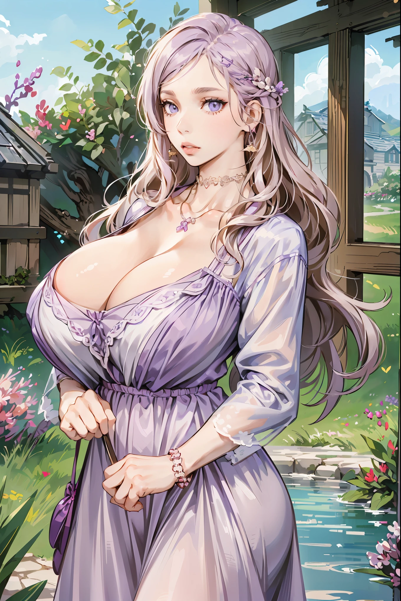 Female((40year old)), hair((long wavy, brown)), eyes((smart eyes, hazel)), clothes((lilac, silk, dress, white, lilac)), accessories ((hairpin, necklace, bracelet)), big , gigantic breast, korean make-up look, flower garden, green house, butterfly,