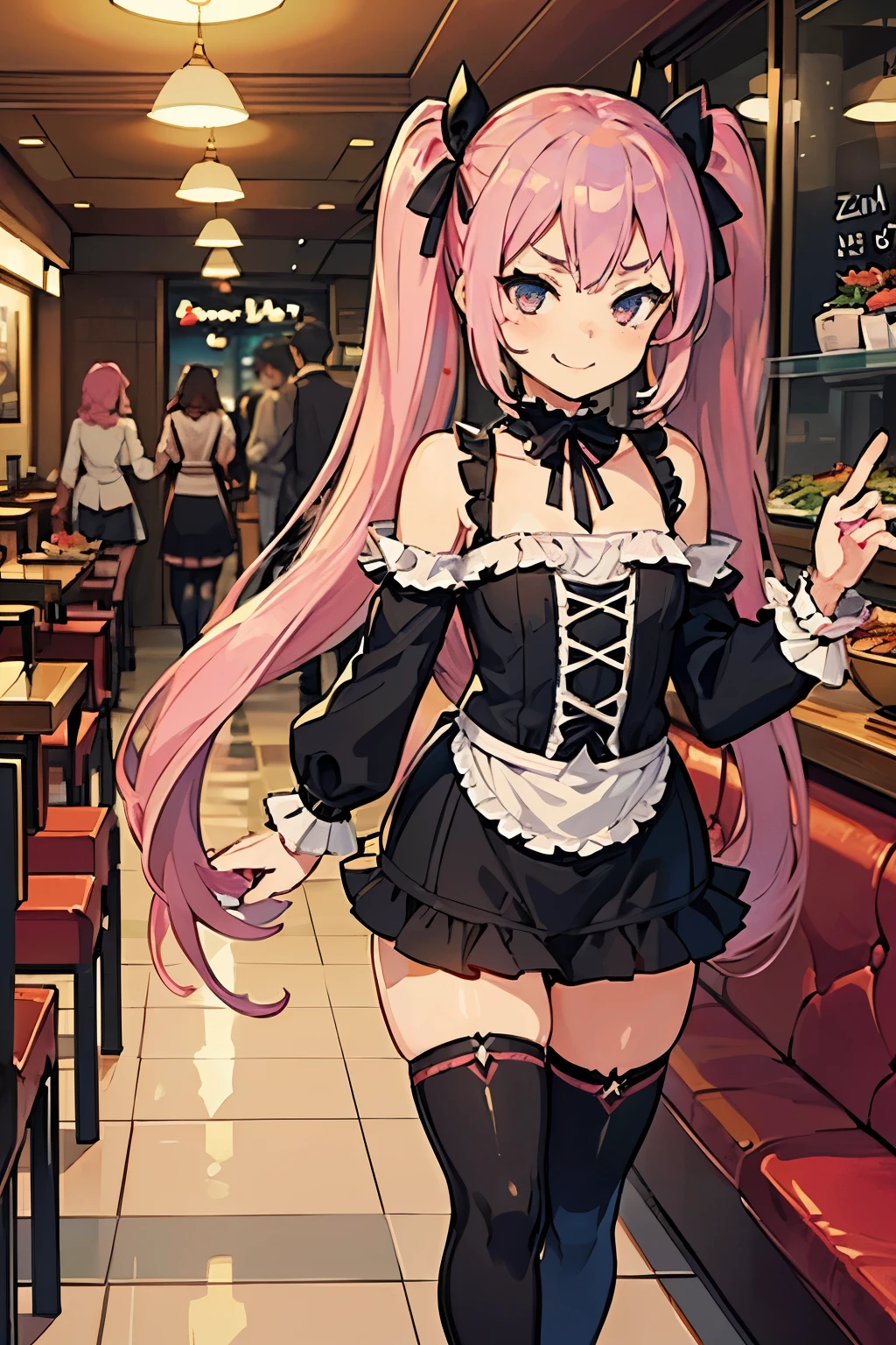 young girl with pink hair long twin-tail hairstyle, small thick eyebrows, with gothic lolita clothes, lolicon (Zankuro) drawing style of the zankuro artist, Zancrow style, image uploaded to R34, walking in the mall, flirty smile , suddenly having sex in public, doggy style sex , ((public sex in restaurant))