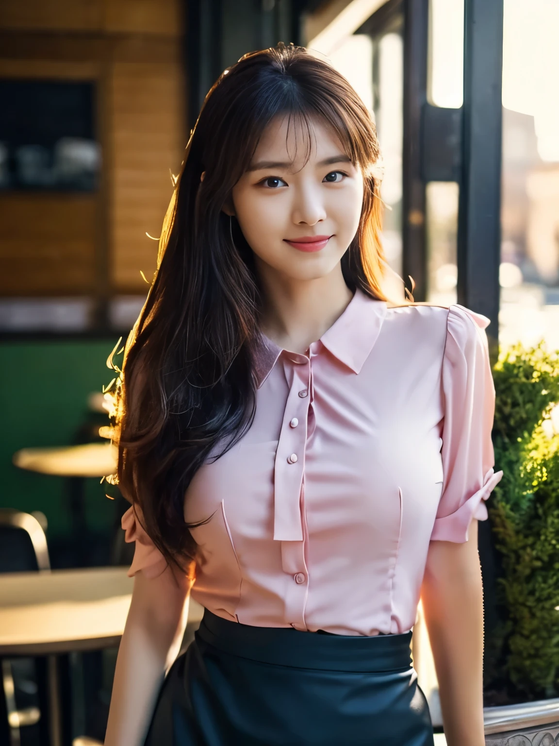 1 girl, (wearing a pink blouse:1.2), black short skirt, beautiful japanese actress, (RAW photo, highest quality), (realistic, Photoreal:1.4), masterpiece, very delicate and beautiful, very detailed, 2K wallpaper, wonderful, finely, very detailed CG Unity 8K 壁紙, Super detailed, High resolution, soft light, beautiful detailed girl, very detailed目と顔, beautifully detailed nose, beautiful and detailed eyes, Long hair, cinematic lighting, break, (Against the backdrop of a outside the cafe terrace 1.3), city lights, perfect anatomy, slender body, smile, Body the front completely, (look at the camera), (waist shot), (emphasize big breasts), full body shot,