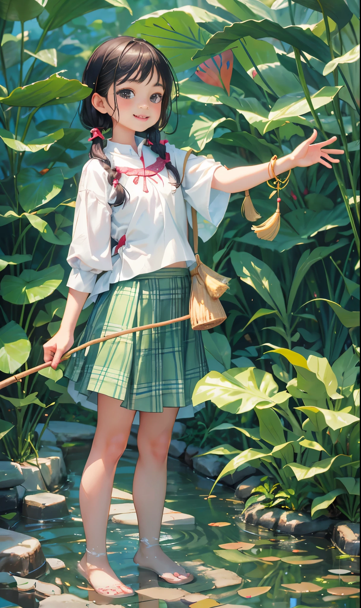 arafed asian girl holding a large leaf in a garden, smiling girl，Wearing peasant clothes, White shirt and green skirt, Caitlin mini cute style, cute young girl, Very cute and childlike, young asian girl, cute and adorable, female explorer mini cute girl, beautiful girl, cute and beautiful, girl standing, beautiful and cute, asian girl, Plaid skirt