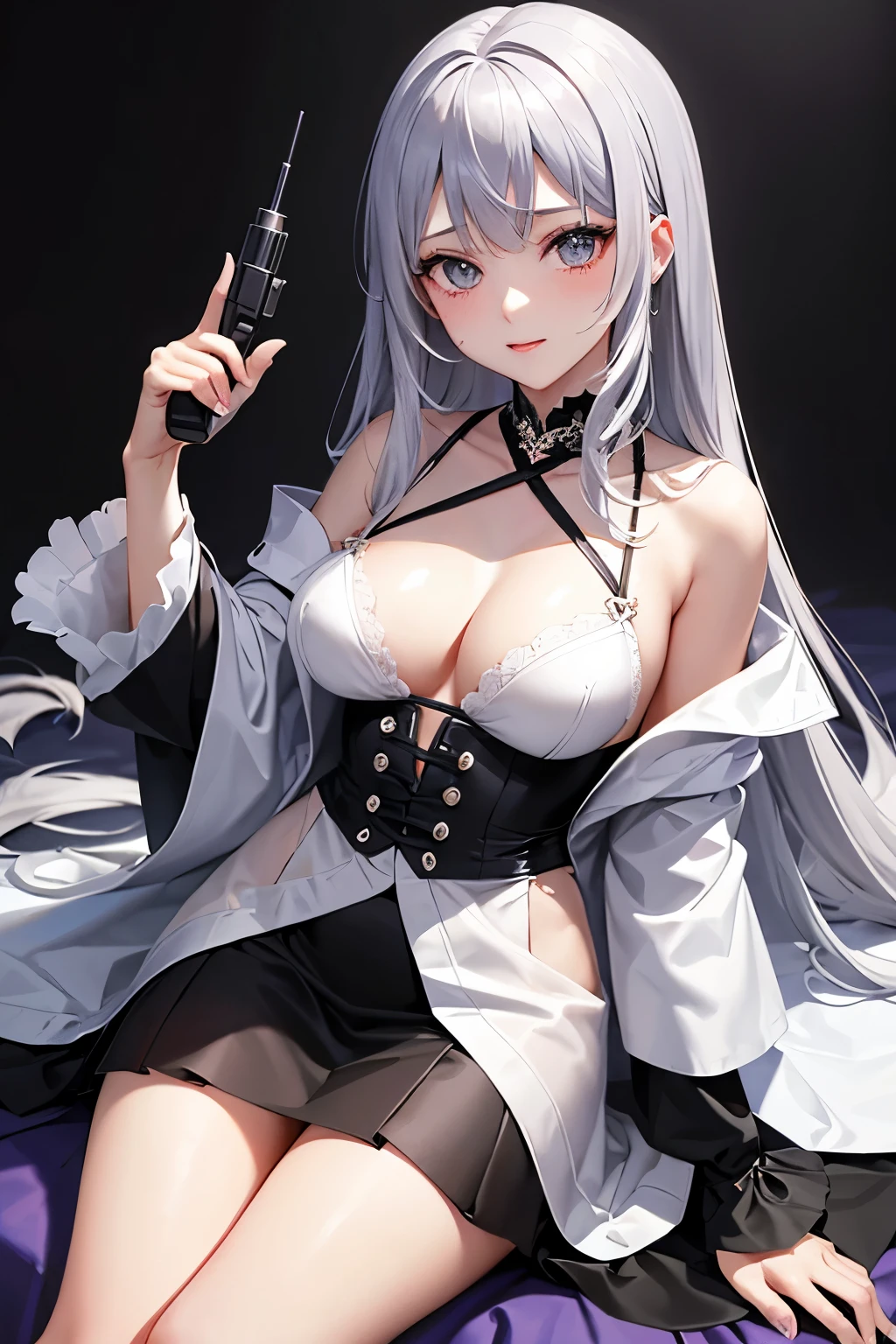 ((high quality、masterpiece、detailed、normal body、5This finger、Precise、delicate))、Beautiful Musketeer((C cup、Holds a magic gun in the right hand、silver hair))、black racy robe、Black and white bra、white racy mini skirt、torn robe、Fluffy robes、exposed skin、open skirt、hold a magic gun、magic bullet、Feminization:1.7、Subtly erotic