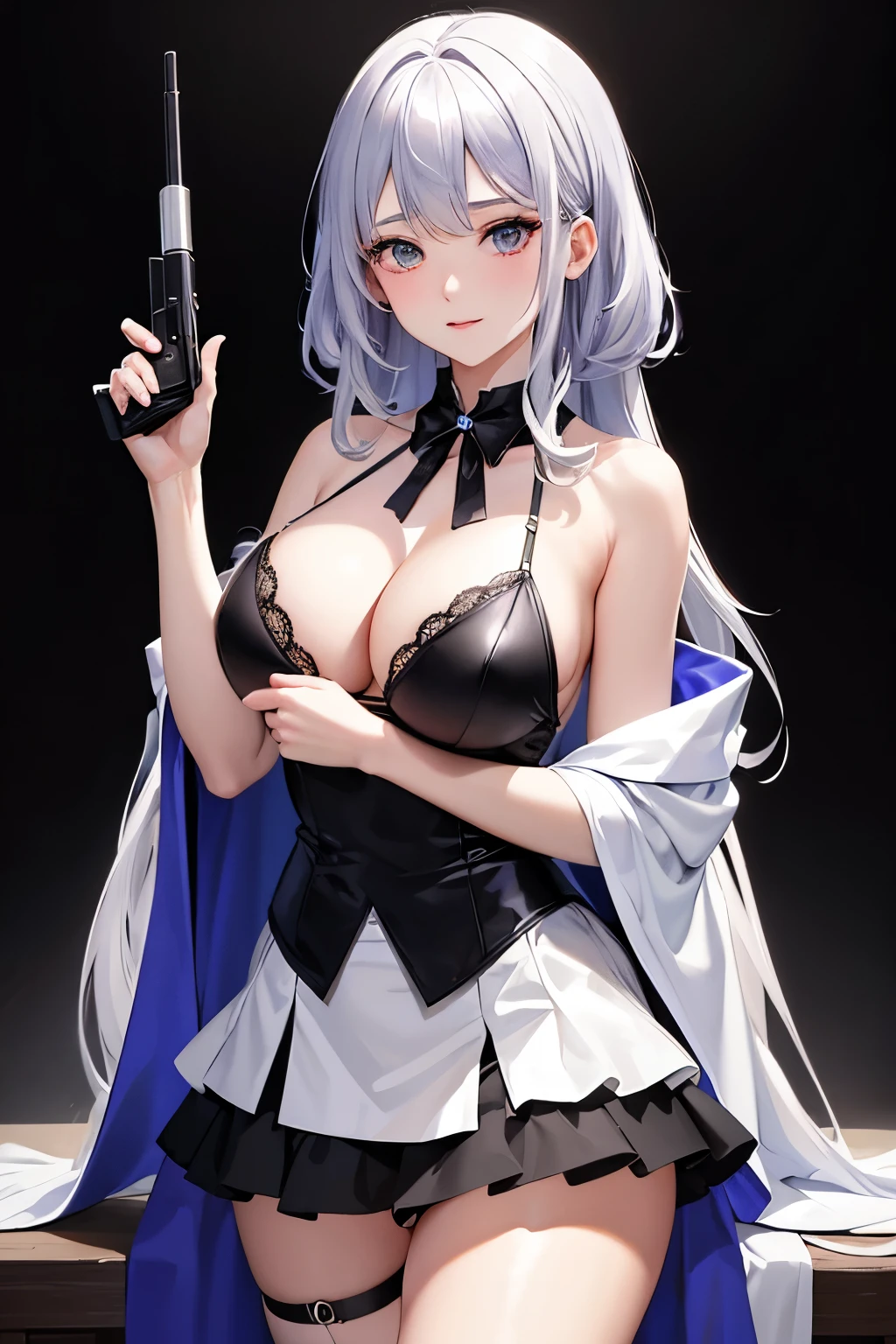((high quality、masterpiece、detailed、normal body、5This finger、Precise、delicate))、Beautiful Musketeer((C cup、Holds a magic gun in the right hand、silver hair))、black racy robe、Black and white bra、white racy mini skirt、torn robe、Fluffy robes、exposed skin、open skirt、mysterious magic gun、Hold a magic gun、magic bullet、magic light、Feminization:1.7、Subtly erotic