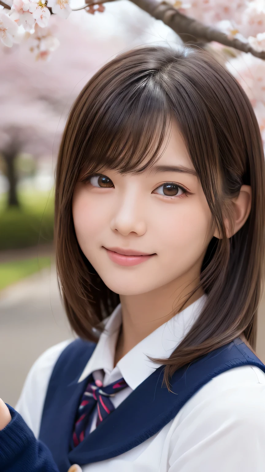 one girl, (a beauty girl, delicate girl:1.3), (14 years old:1.3),
break, (spring, cute uniform:1.3),
break, (Street view:1.3), (cherry blossoms fall:1.3), (wool gloves), perfectly trimmed fingers,
break, very fine resolution, (symmetrical eyes:1.3),
break, small breasts, brown eyes, parted bangs, brown hair, girl,
break, (Eye and face details:1.0), (get closer to the face, enlarge the face, face focus:1.0),close up of face,
break, (masterpiece, highest quality, Super detailed, detailed face, 8K),SakuraFubuki,cherry blossom petals,smile