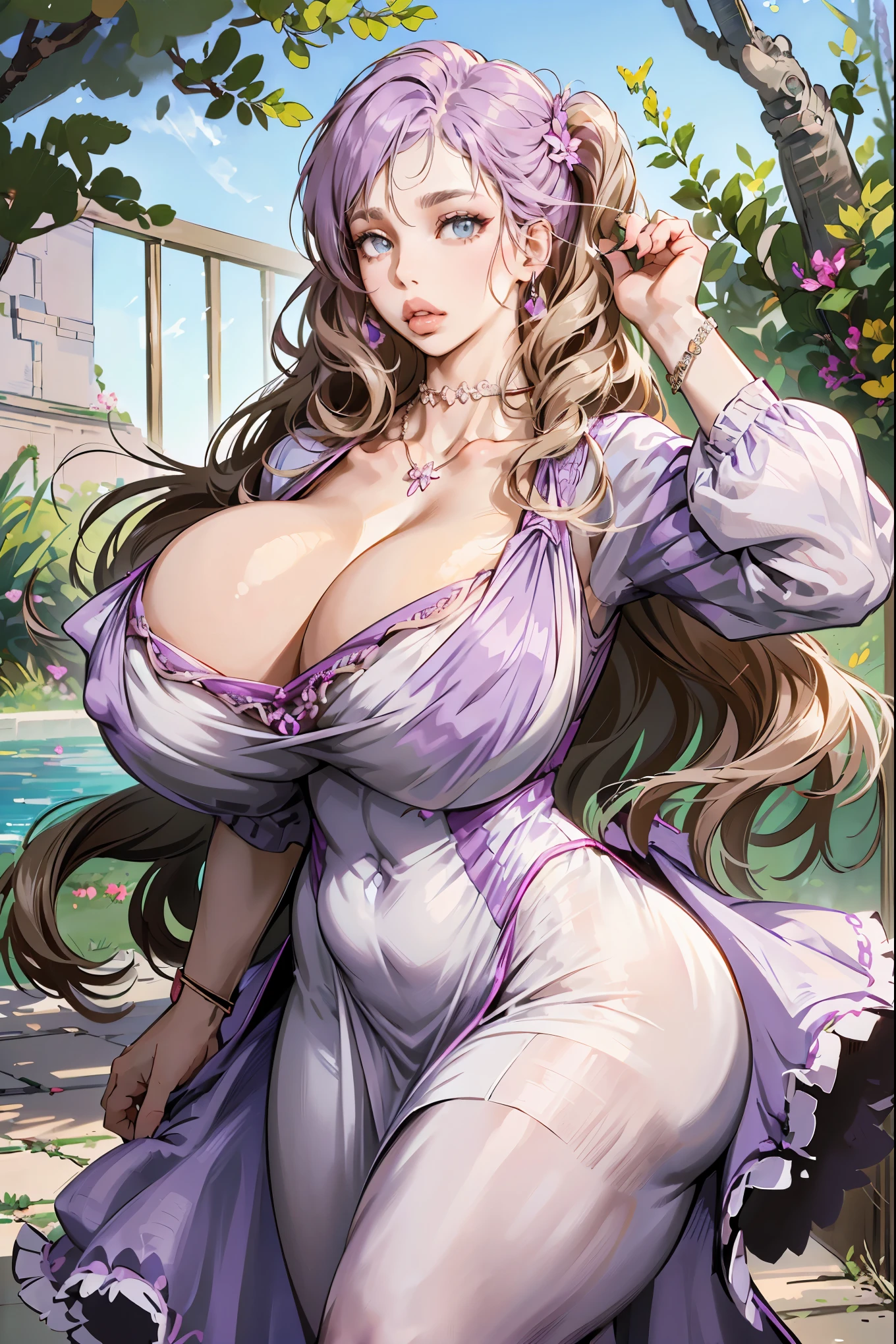 Female((40year old)), hair((long wavy, brown)), eyes((smart eyes, hazel)), clothes((lilac, silk, dress, white, lilac)), accessories ((hairpin, necklace, bracelet)), big , gigantic breast, korean make-up look, flower garden, green house, butterfly,