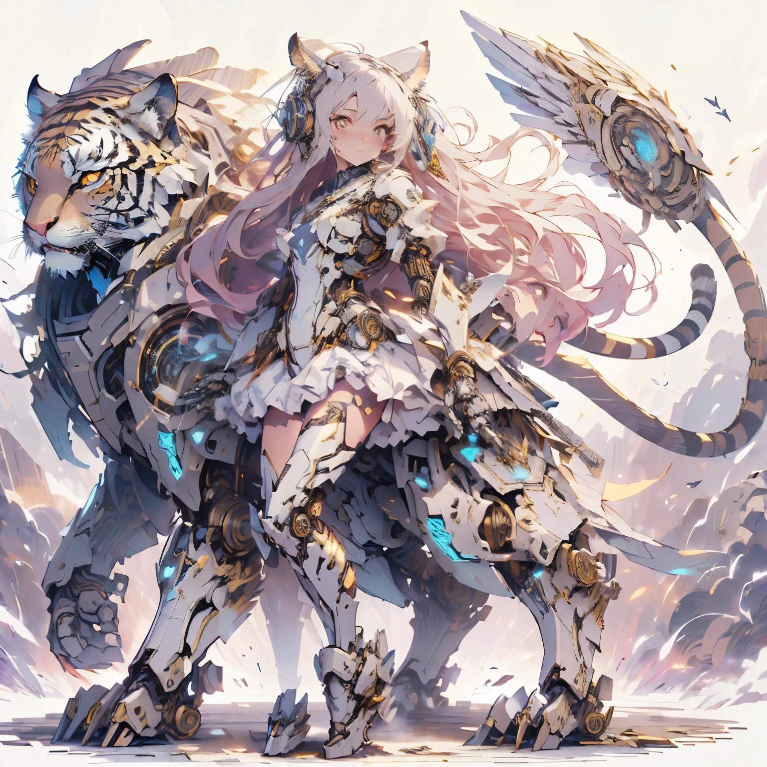 Anime girl with a tiger and tiger claws on her back, trending on artstation pixiv, mechanized valkyrie girl, anime fantasy illustration, mechanical aesthetics, Kushat Kents, mechanized soldier girl, anime fantasy artwork, anime mecha aesthetics, Gweizart Station pixiv, detailed anime character art, anime style 4k, anime illustration