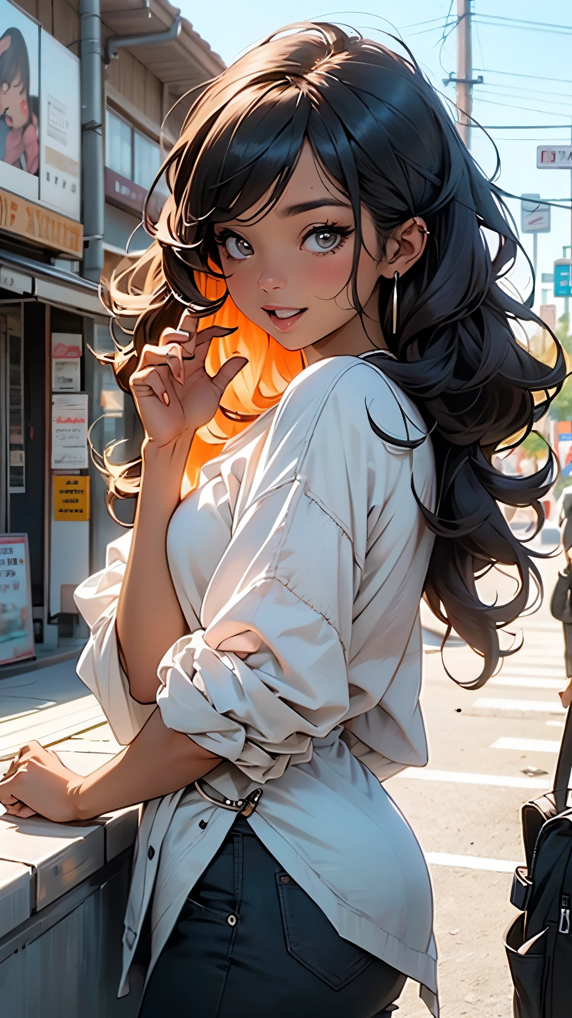 Realistic,(tmasterpiece, high qulity:1.2) ,realisticlying, RAW photogr, wide wide shot, ( hand sign), verbal invitation, with her mouth open, (Just enough to make ends meet), Adjust hair, hair tying up,