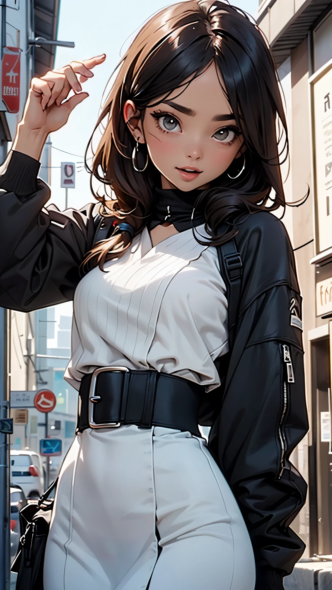 Realistic,(tmasterpiece, high qulity:1.2) ,realisticlying, RAW photogr, wide wide shot, ( hand sign), verbal invitation, with her mouth open, (Just enough to make ends meet), Adjust hair, hair tying up,