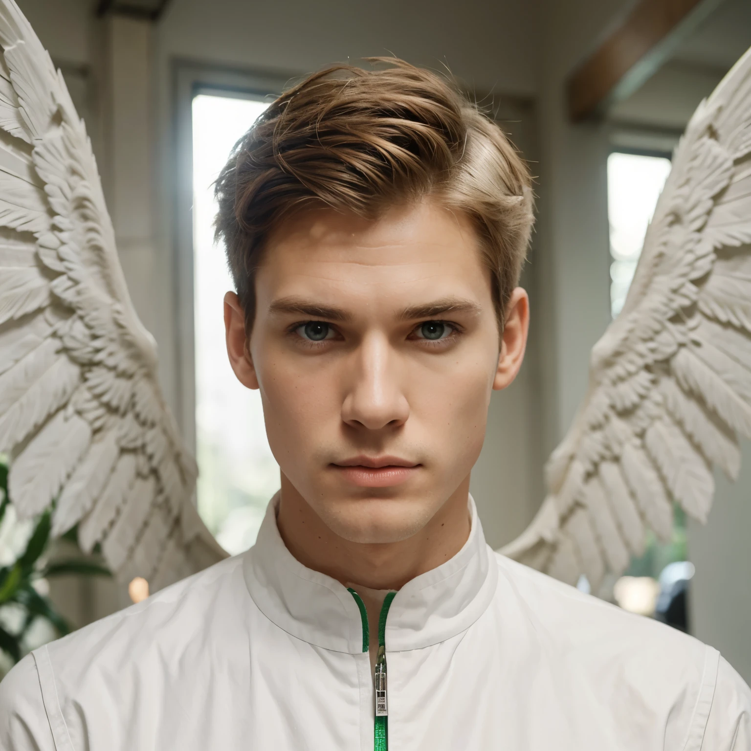 Tall white man of medium build with defined, soft features with a winged hairstyle and green eyes
