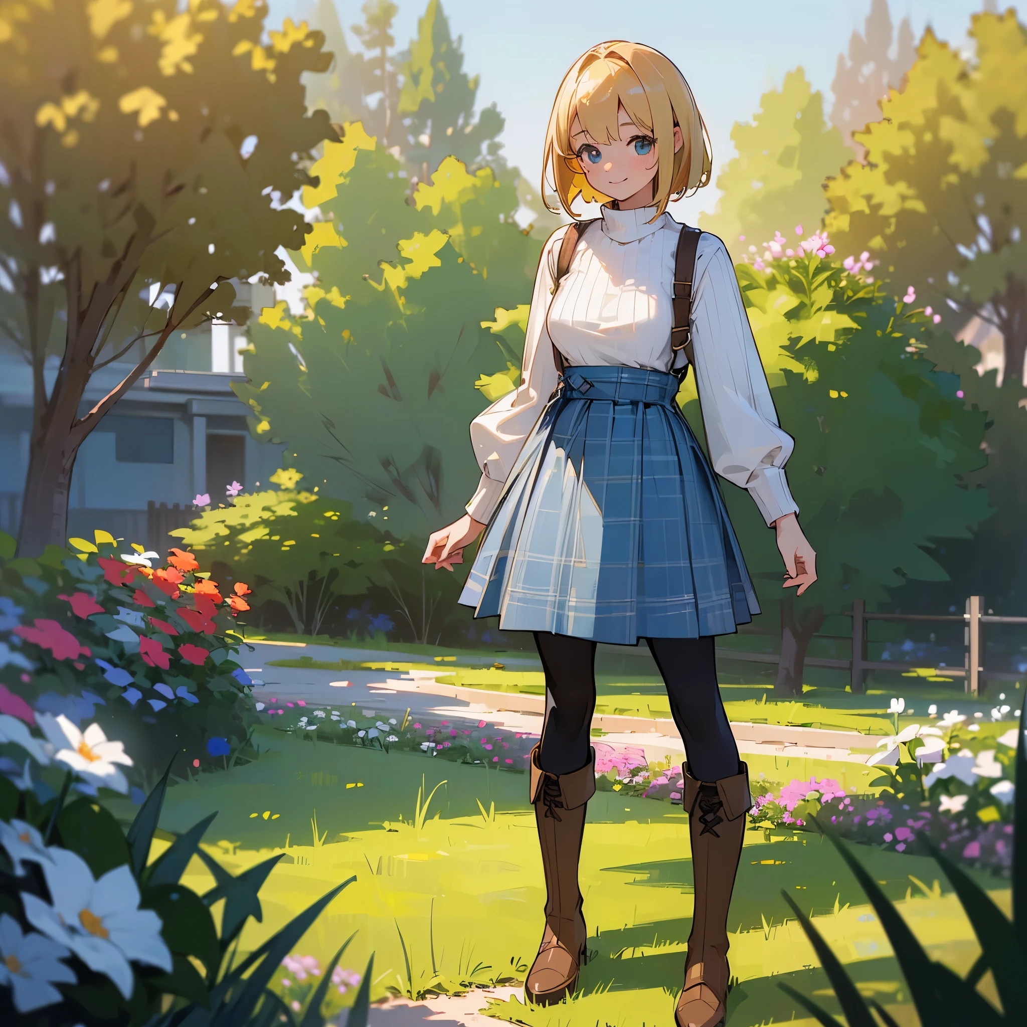 (high quality, High resolution, Super detailed, reality:1.37), peaceful atmosphere, (outdoor, garden), age girl standing alone, (my breasts are big.), Beautiful detail features, cute smile, (blonde bob hair), ribbed sweater, blue plaid skirt, black tights, brown boots.
