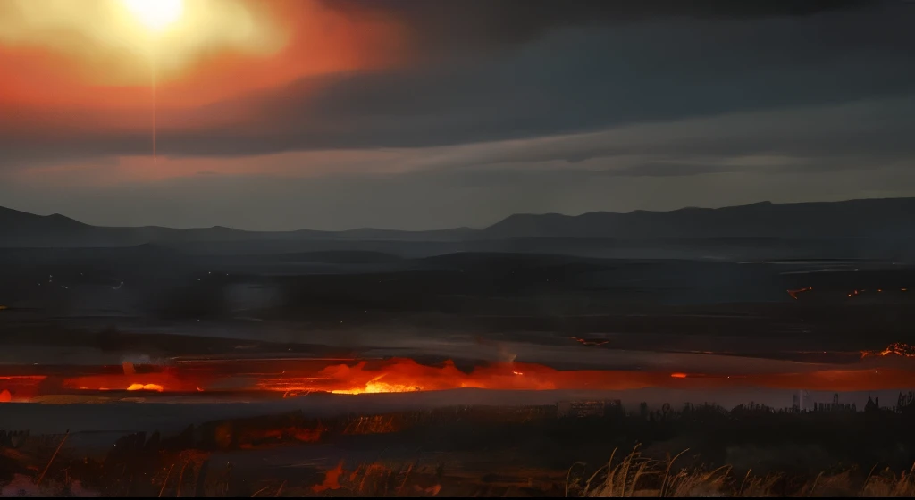 (best quality,4k,8k,highres,masterpiece:1.2),ultra-detailed,(realistic,photorealistic,photo-realistic:1.37),burnt landscape,smoke rising,light haze in the air,sun darkened,dark clouds,exploding flames,scorched earth,cracked soil,dry grass,smoldering trees,faint glow,suffocating heat,apocalyptic scene,ominous atmosphere,barren wasteland,desolation,ruined buildings,ashen sky,chaos and destruction,harsh sunlight,cinder-filled air,distant horizon,bleakness,ominous shadows,eerie silence,dystopian,post-apocalyptic,majestic devastation,muted colors,layers of smoke,twisted metal,fading hope,lingering danger,menacing aura,intense heatwave,mournful skies,desperate survival,impending doom,haunting beauty