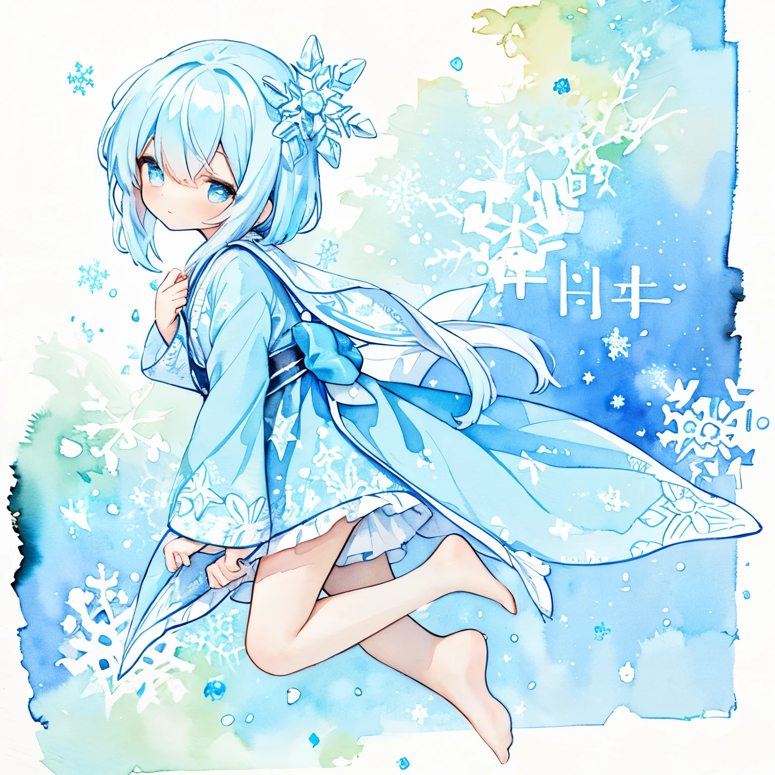 Standing portrait, full body, anime style, anime CG style, gal game CG style, white skin, single woman, woman around 40 years old, adult woman, mature woman, pastel blue hair, long hair, standard bust, normal bust, medium bust, snowflake hair ornament, snowflake accessories, snow patterned kimono, women's geta, bare feet, {{nsfw}}, masterpiece, high resolution, high quality, plain transparent background,