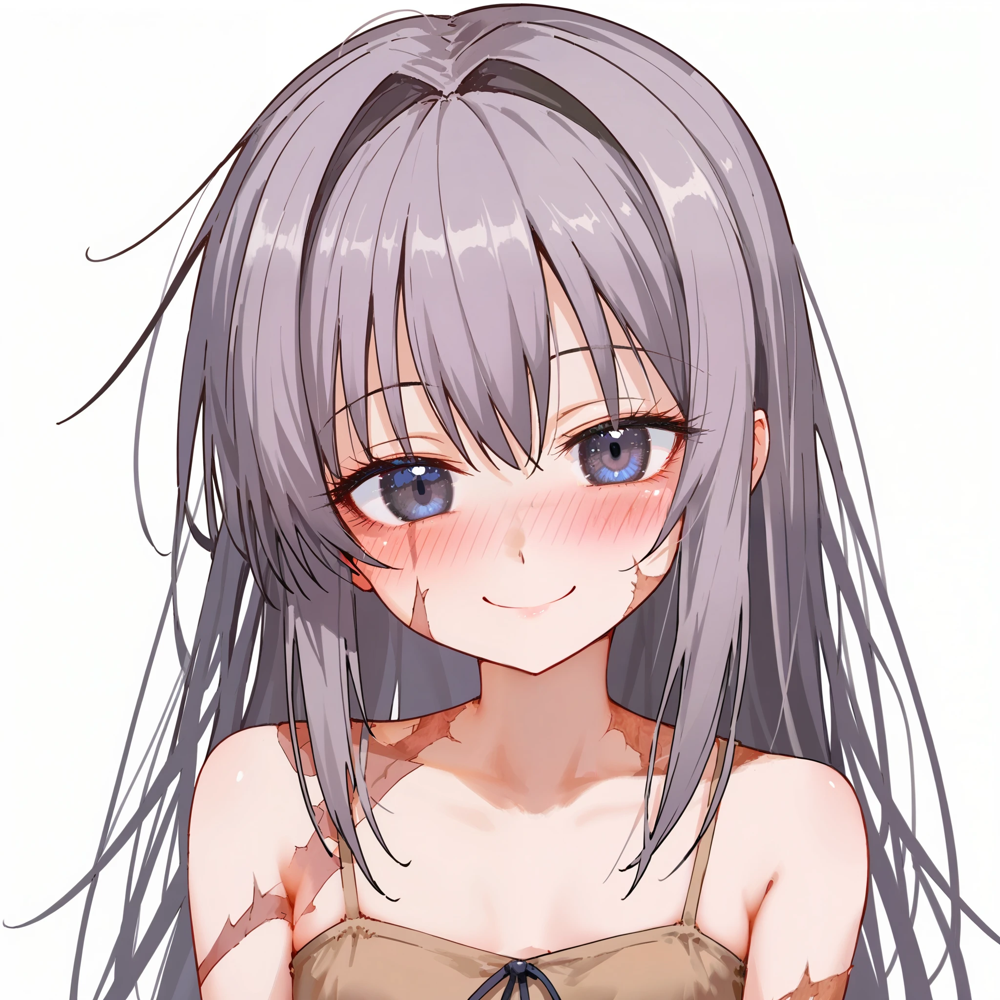 (masterpiece, best quality, absurdres), source_anime, (score_9, score_8_up, score_7_up, score_6_up, score_5_up, score_4_up), 1girl, solo, small breasts, dark gray hair, long hair, black eyes, scars, burn scars, small smile, cute smile, blushing, head tilt, watery eyes, brown dress, sundress, upper body, portrait, white background, simple background