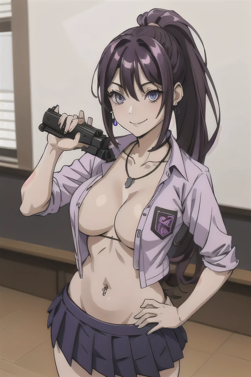 1girl, kanzaki rin,, standing,
deep purple eyes, dark purple hair, long hair, ponytail, medium breast, masterpiece, best quality, ((unbuttoned , cleavage, necklace, earrings, sexy body,
breasts)) , micro skirt, smiling, navel , exposed belly, exposed navel,(nsfw) not safe for work,school,
classroom , holding a gun, hold a gun,navel piercing