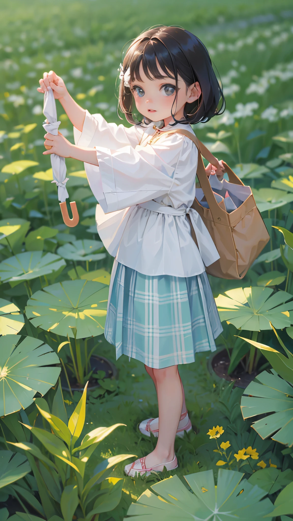 There is a little girl holding an umbrella in the field, Wearing peasant clothes, White shirt and green skirt, Caitlin mini cute style, cute young girl, Very cute and childlike, young asian girl, cute and adorable, female explorer mini cute girl, beautiful girl, cute and beautiful, girl standing, beautiful and cute, asian girl, Plaid skirt