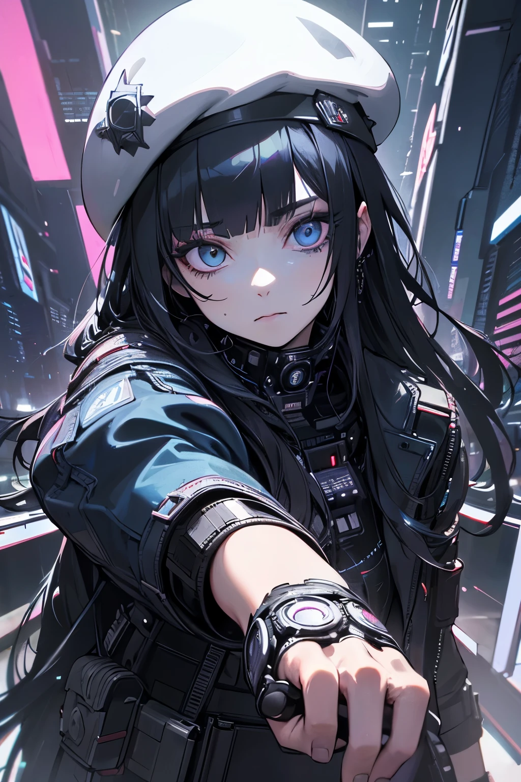 (in 8K, best quality, master piece: 1.2), ultra-high resolution,1 16-year-old woman,ultra-detailed face,detailed eyes,straight hair,long hair,long eyelashes,makeup,blunt bangs,(nup, cyberpunk:1.2),((white beret)),black hair,solo,model pose,stunned,boots,cowboy shot,Canted Angle