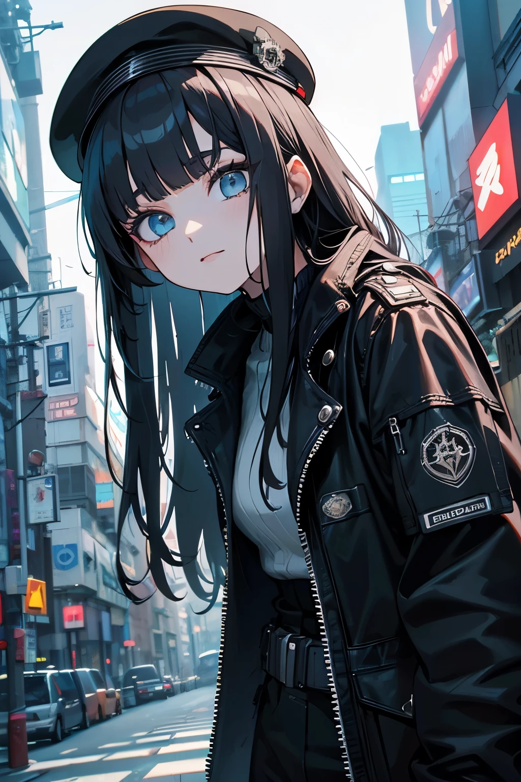 (in 8K, best quality, master piece: 1.2), ultra-high resolution,1 16-year-old woman,ultra-detailed face,detailed eyes,straight hair,long hair,long eyelashes,blunt bangs,(nup, cyberpunk:1.2),spring scene,((white beret)),black hair,solo,model pose,stunned,cowboy shot