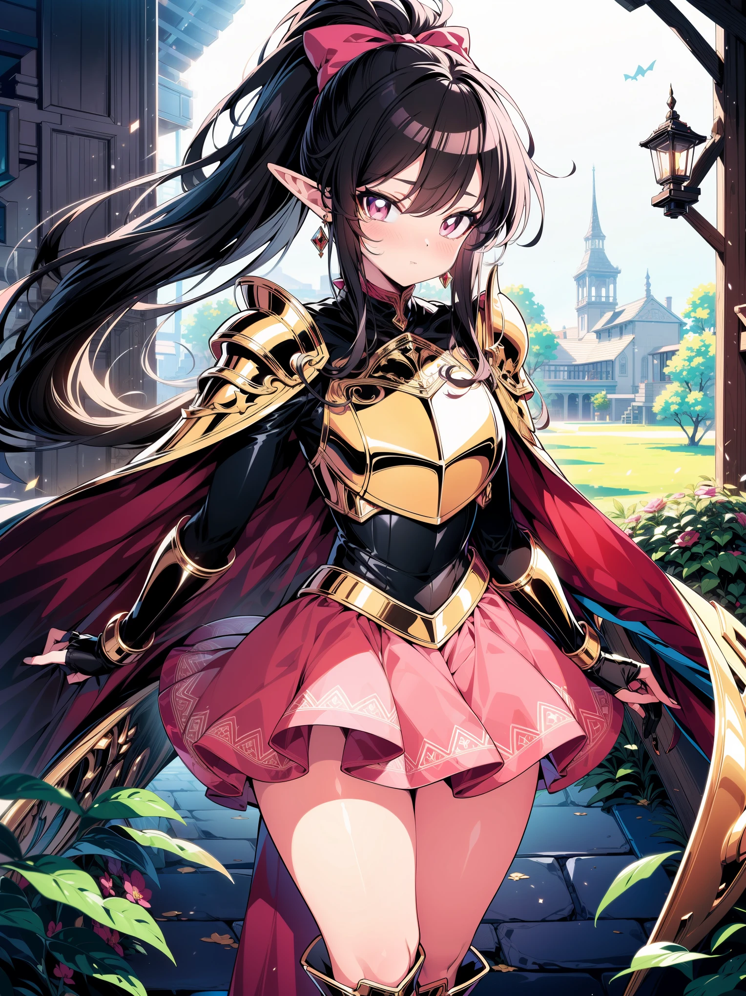 (masterpiece), (cowboy shot), (best quality, ultra-high resolution, depth of field:1.2), (perfect anatomy), Fair skin, Elf girl, pink eyes, black hair in a hime hairstyle, ponytail, pink bow, gold earrings, armor, golden armor, (long skirt:1.2), frills, high thighs boots, cape, fantasy scenery