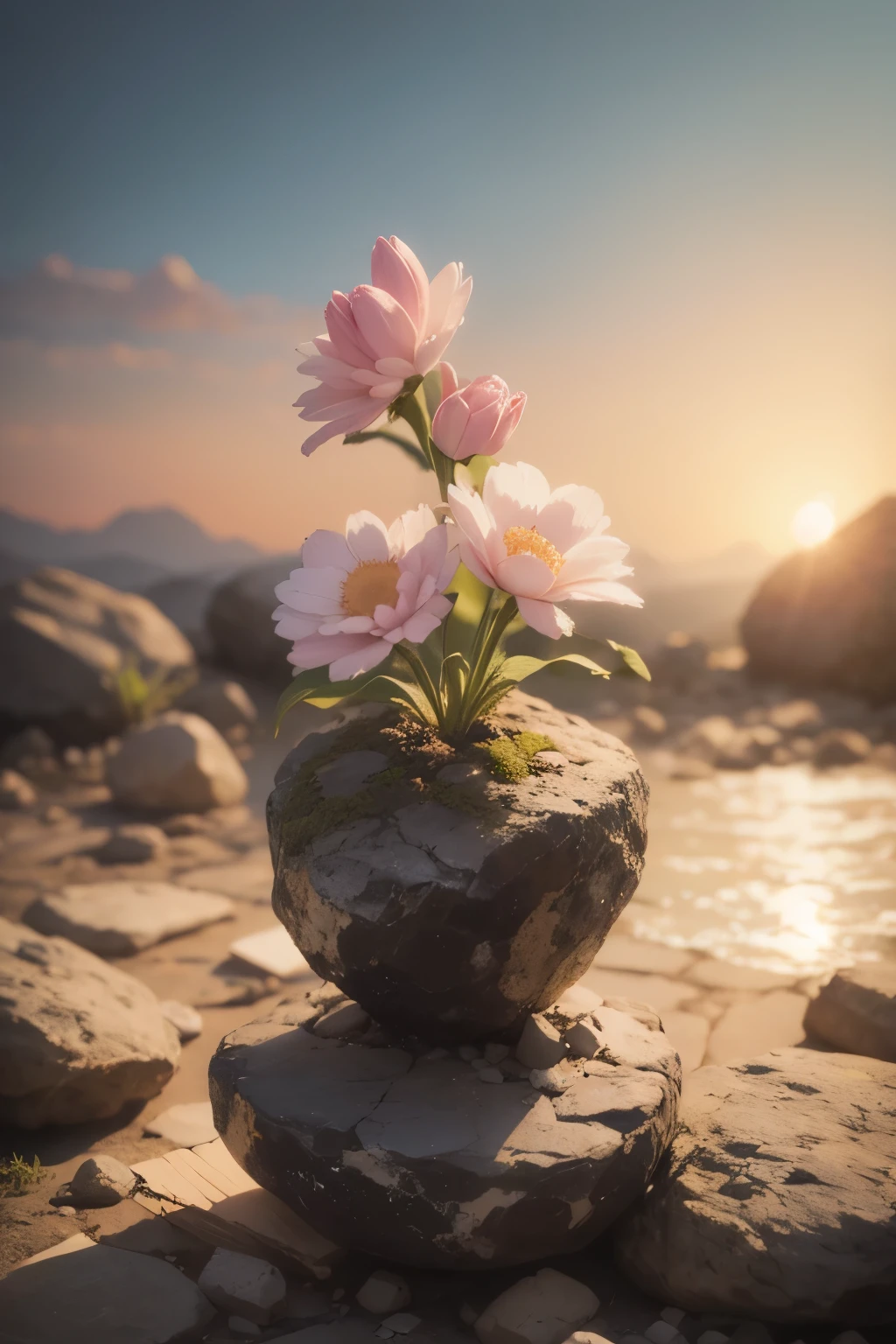 Flowers tied in rough stones、realistic pictures、(((fantastic background)))、(The sunrise is bright)、(((there are no humans)))
