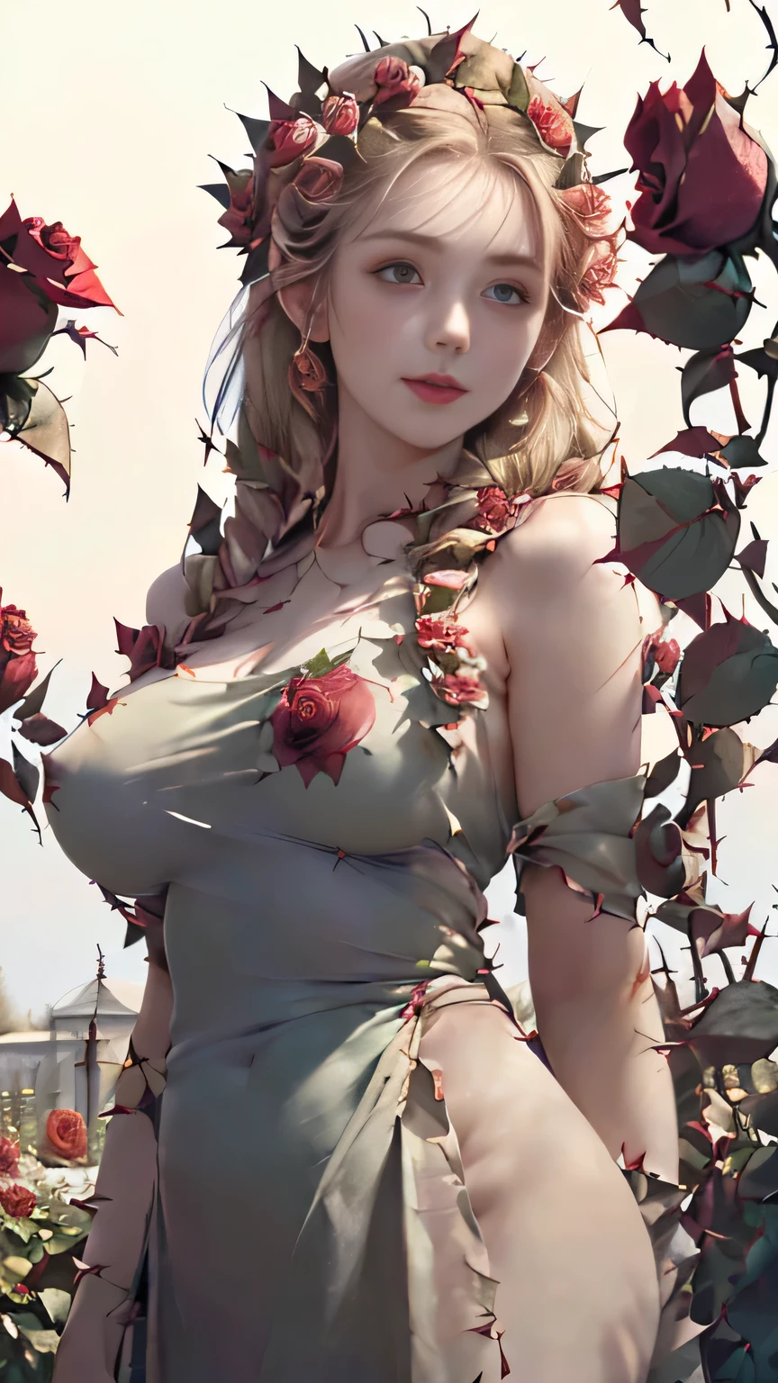 (((masterpiece))),((highest quality)),one beautiful girl,pale, (A character who personifies a rose: 1.5), (Her hair is a thorny rose stem:1.5)、(big breasts:1.5)、(belly button)、(rose leaf clothes:1.5)),(private server), (exposure of skin),(The background is a garden:1.5).(((from the front:1.5)))、(straight front: 1.5)、(Thorny rose stems wrap around the body:1.5)、smile:1.5)