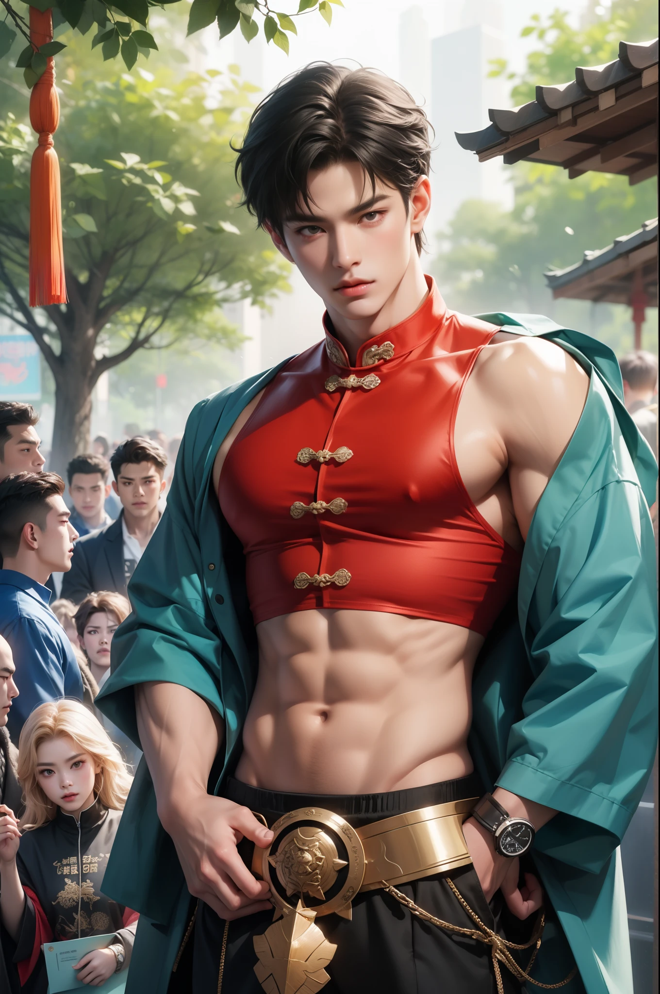 arafed male in a red and blue outfit standing in front of a crowd, by Zhou Fang, yanjun chengt, by Yang J, cai xukun, by ruan jia and stanley artgerm, artgerm and ruan jia, by Qian Gu, ruan jia and artgerm, by Yang Jin, by Dai Jin