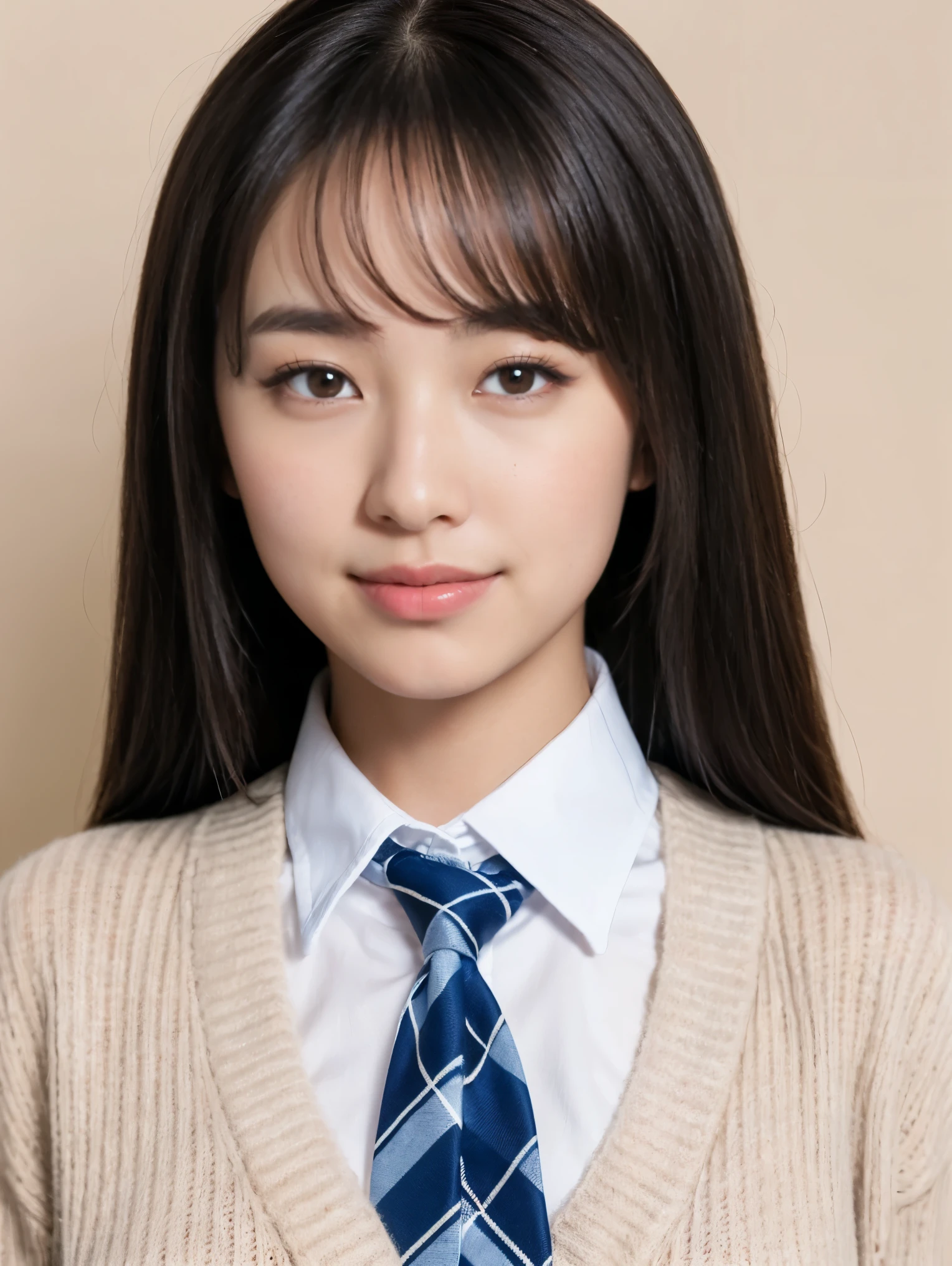 alone、high school girl、natural body shape、white skin、natural makeup、black hair、bangs、straight long hair、、(((Girls' High School School Uniform))) 、(((beige cardigan、white blouse with collar、Blue plaid tie)))、(((ID photo)))、(((blue background)))、((The upper body is wearing a uniform))、((body facing forward))、((look at the camera))、((head to shoulders portrait)、Portrait from the shoulder up)、smile with your mouth closed、focus on face、(((close up of face)))