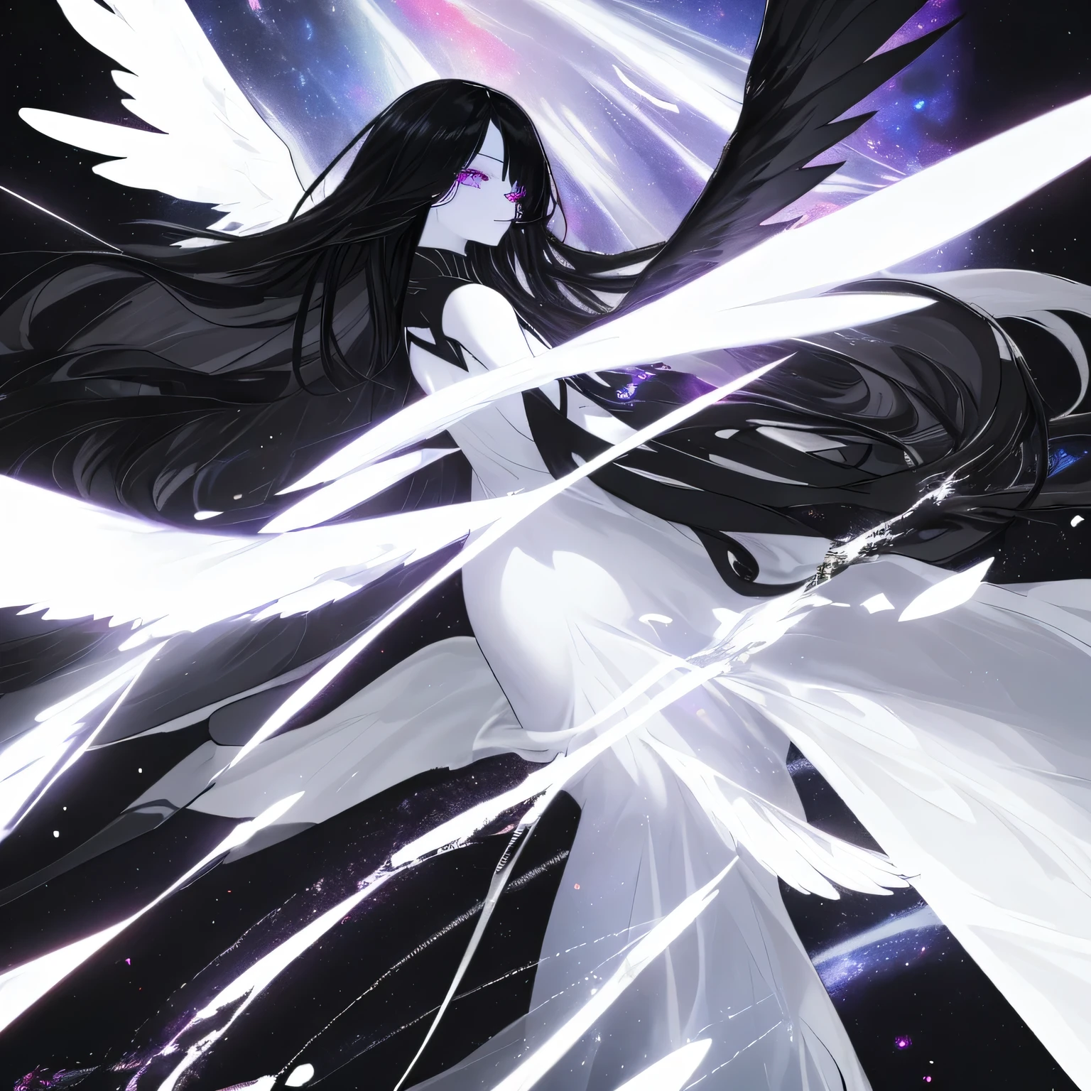 a woman with black long hair, white skin and galaxy eyes with black wings on her back and wearing dress white