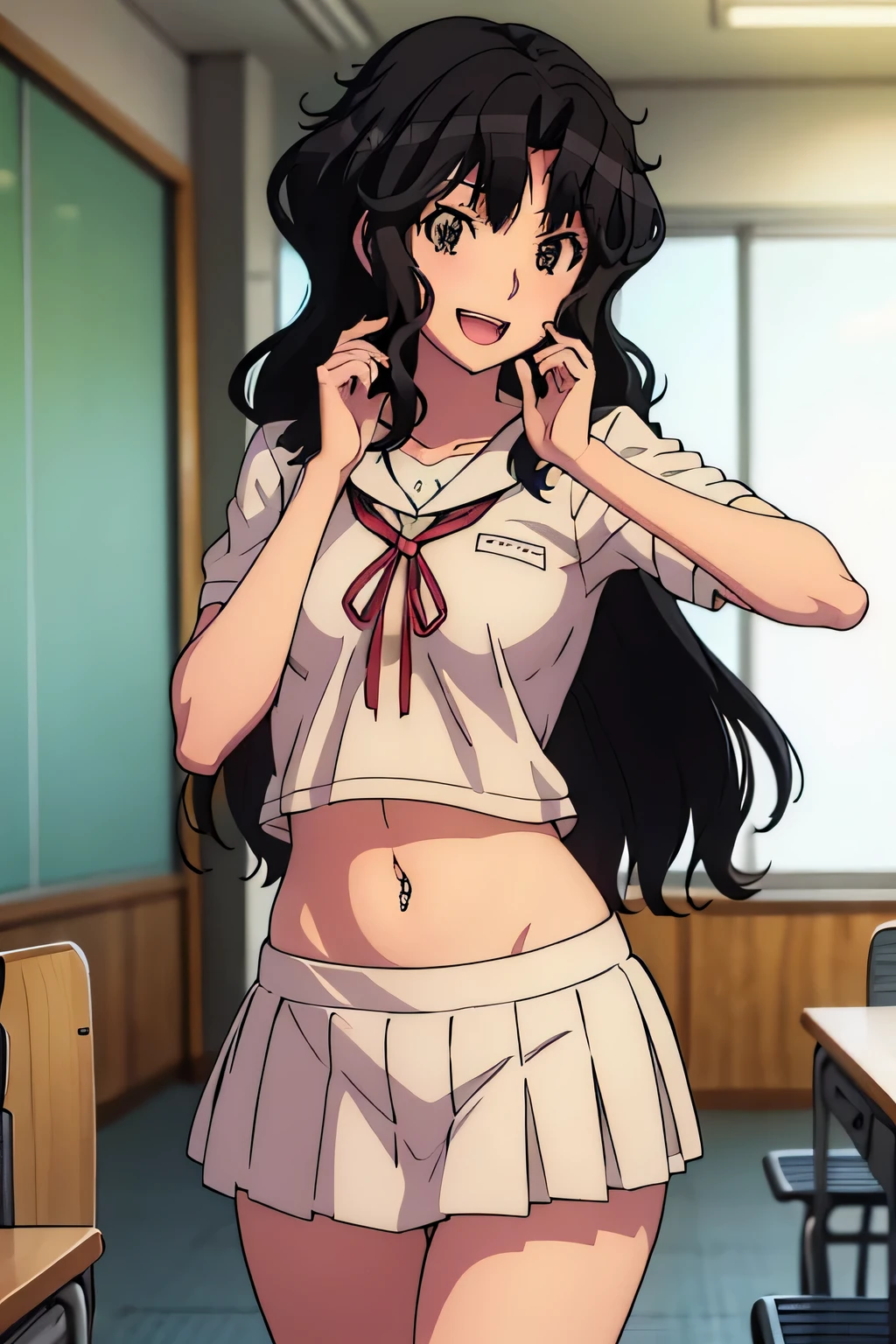 kaoru, black hair, masterpiece, best quality, highly detailed, a anime girls in sailor uniforms with a gun posing for a picture,
evil smile, smile, open mouth,black_serafuku, ecchi anime style, anime girls , (nsfw) not safe for work,
ecchi style, ecchi, shipgirls, digital anime art!!, high school girls, in anime style, official artwork, beautiful
anime high school girl, anime style 4 k, micro skirt, exposed belly, exposed navel, exposed midriff,
exposed lower belly,school, classroom, navel piercing