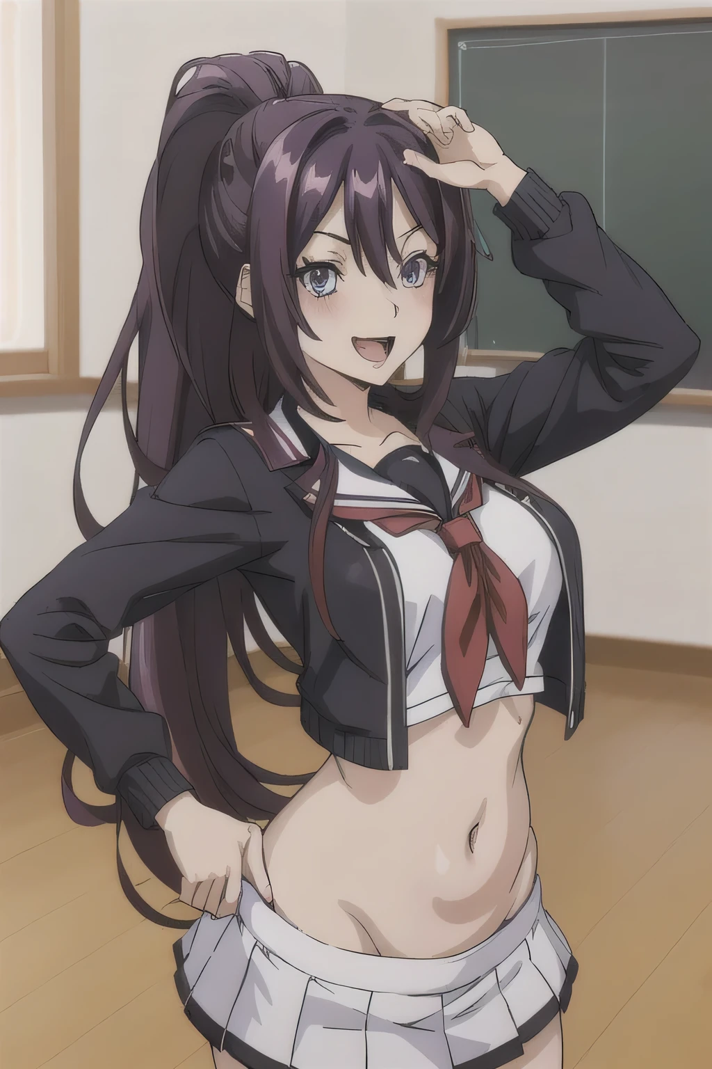 1girl, kanzaki rin,, standing,
deep purple eyes, dark purple hair, long hair, ponytail, medium breast, masterpiece, best quality, highly detailed, a anime girls in sailor uniforms with a gun posing for a picture,
evil smile, smile, open mouth,black_serafuku, ecchi anime style, anime girls , (nsfw) not safe for work,
ecchi style, ecchi, shipgirls, digital anime art!!, high school girls, in anime style, official artwork, beautiful
anime high school girl, anime style 4 k, micro skirt, exposed belly, exposed navel, exposed midriff,
exposed lower belly,school, classroom, 