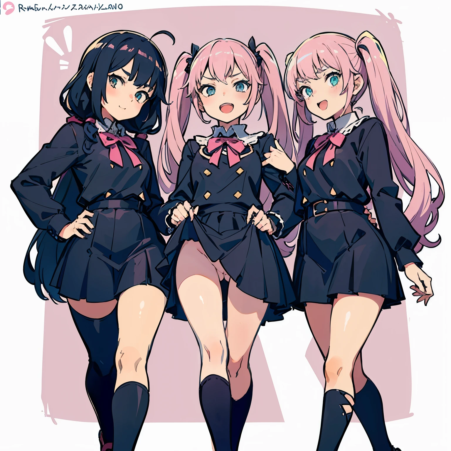 4 Girls with pink hair, long twintail hairstyle, small bushy eyebrows, wearing gothic clothing, lolicoankuro) drawing style by zankuro artist, Zancrow style, image uploaded to R34, walking to school, flirty smile, , lifting her skirt to show her vagina wetsemen