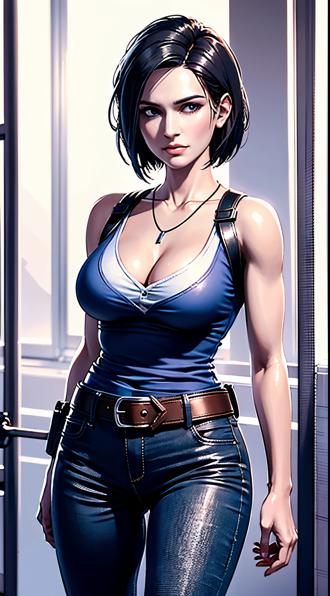 photorealistic, high resolution, 1women, mature female, solo, hips up, black hair, short hair, longsleeve blue shirt, belt, pants, police, cleavage, (downblouse), necklace,Jill Valentine - Resident Evil Series