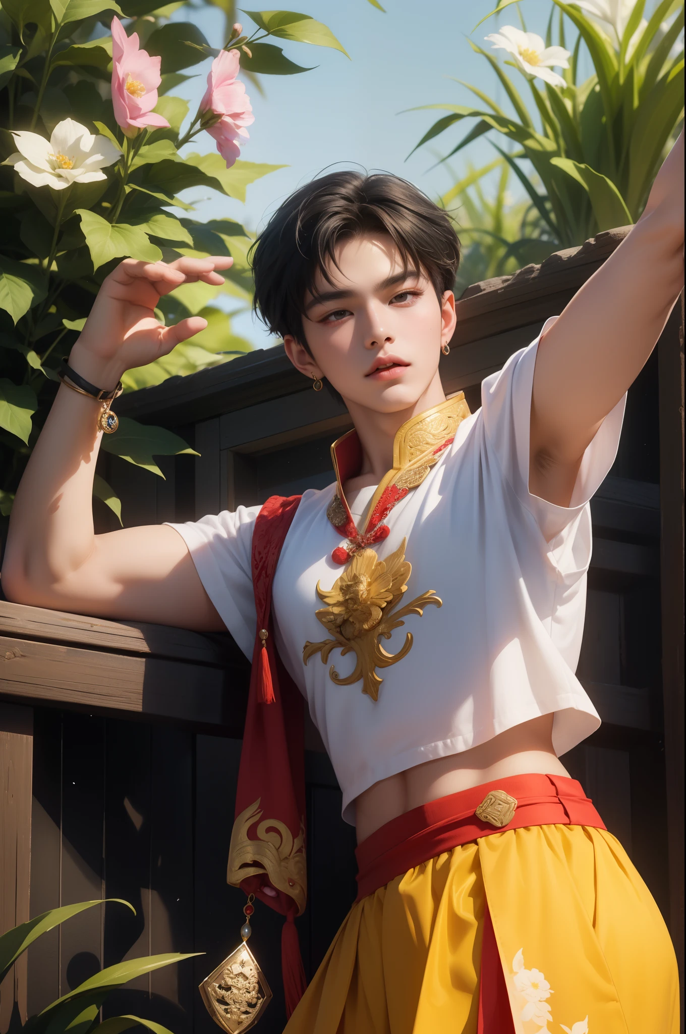 arafed asian woman in a yellow and red outfit posing for a picture, cai xukun, beautiful androgynous prince, inspired by Bian Shoumin, delicate androgynous prince, by Yang J, yanjun chengt, keqing from genshin impact, inspired by Huang Gongwang, artwork in the style of guweiz