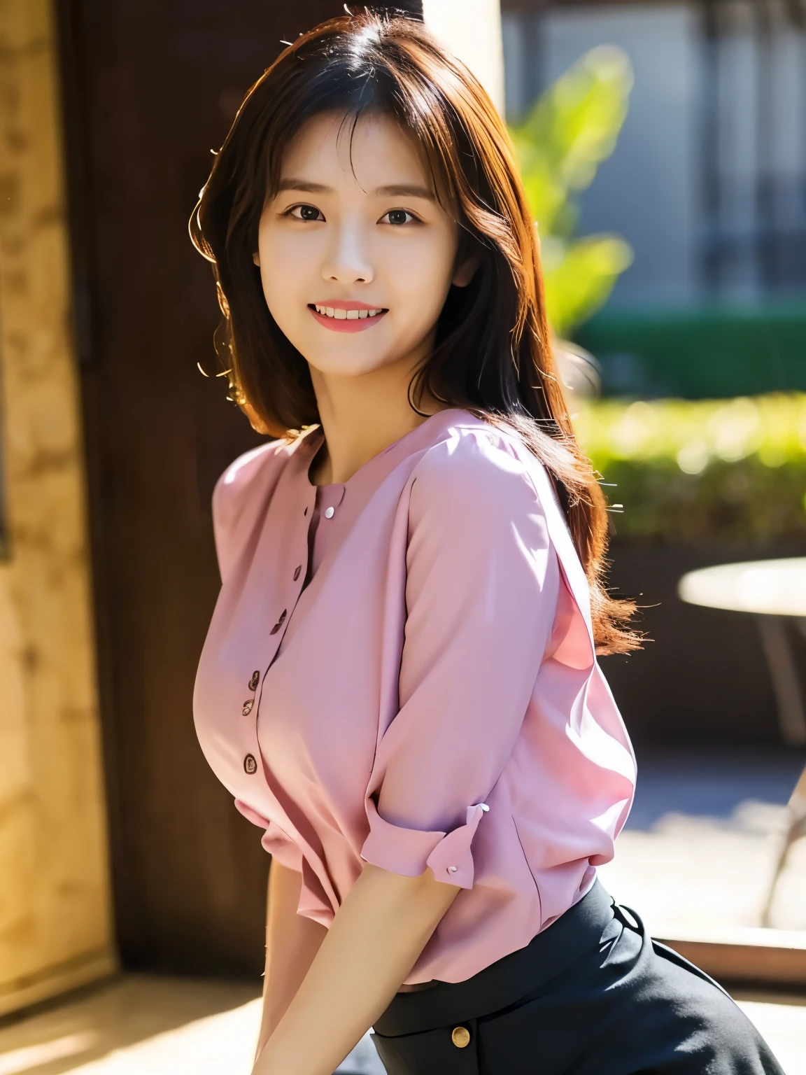 1 girl, (wearing a pink blouse:1.2), black short skirt, beautiful japanese actress, (RAW photo, highest quality), (realistic, Photoreal:1.4), masterpiece, very delicate and beautiful, very detailed, 2K wallpaper, wonderful, finely, very detailed CG Unity 8K 壁紙, Super detailed, High resolution, soft light, beautiful detailed girl, very detailed目と顔, beautifully detailed nose, beautiful and detailed eyes, Long hair, cinematic lighting, break, (Against the backdrop of a outside the cafe terrace 1.3), city lights, perfect anatomy, slender body, smile, Face the front completely, (look at the camera), (waist shot), (emphasize big breasts), full body shot,