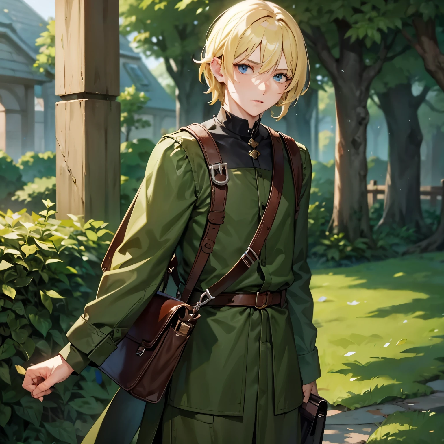 Homem elfo alto, magro, olhos verde claro, straight blonde hair without waves. He wears a black gothic tunic and a khaki messenger-style crossbody bag..