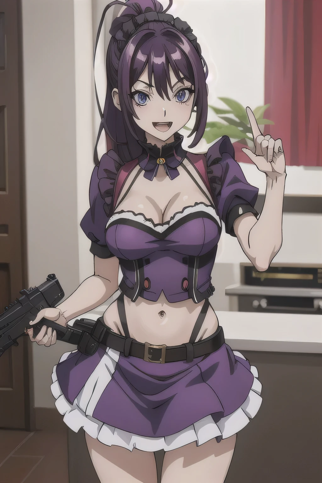 1girl, kanzaki rin,, standing,
deep purple eyes, dark purple hair, long hair, ponytail, medium breast, jewelry, earrings, complex detailed background, casino environment, fancy interior environment, rich
interior, masterpiece, best quality, highly detailed, a anime girls in maid uniforms with a gun posing for a
picture, maid outfit, cleavage, evil smile, smile, open mouth ,ecchi anime style, anime girls, ecchi style,
ecchi, digital anime art!!, in anime style, official artwork, (nsfw) not safe for work, beautiful anime maid
girl, anime style 4 k, micro skirt, exposed belly, exposed navel, exposed midriff, exposed lower belly,
holding a gun