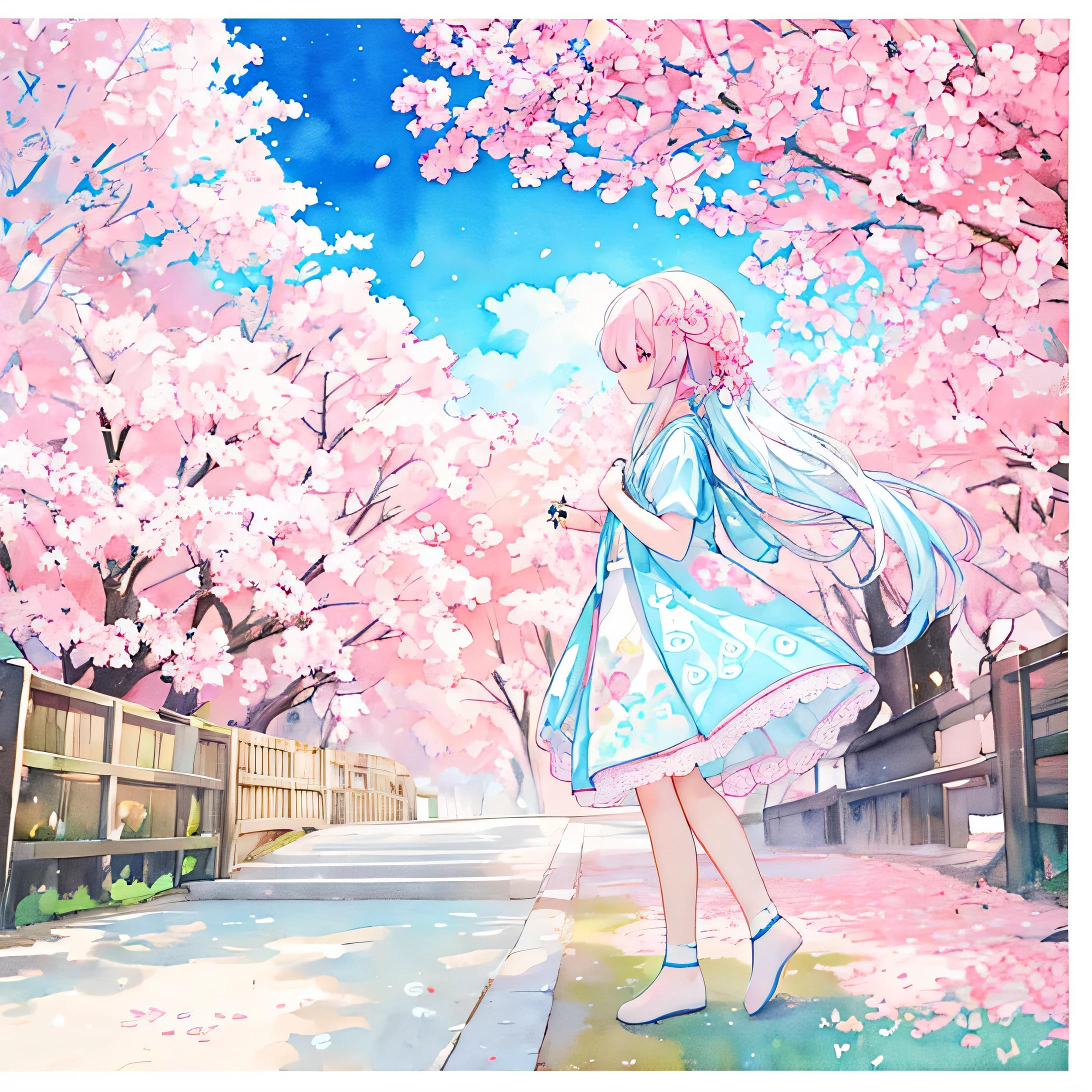 (pastel colour:1.0)、((cute illustration))、(watercolor painting:1.2)、Girl in white clothes、美しく詳thinな、Moya、colorful、particles of light、Pattern ROM side、lace pattern、lots of races、詳thin図、bright colors、striking contrast、複雑なthin部、繊thinな描写、Full body Esbian、From the side、beautiful features、複雑で繊thinな装飾品を身に着けている、lots of very small flowers、thin々it was、high quality、jewel eyes、Sparkling、とても繊thinなドレス、Premium cloth、spring、springモチーフ、pale pink、SakuraFubuki、Wind、そよWind、cherry blossom hair ornament、separated border