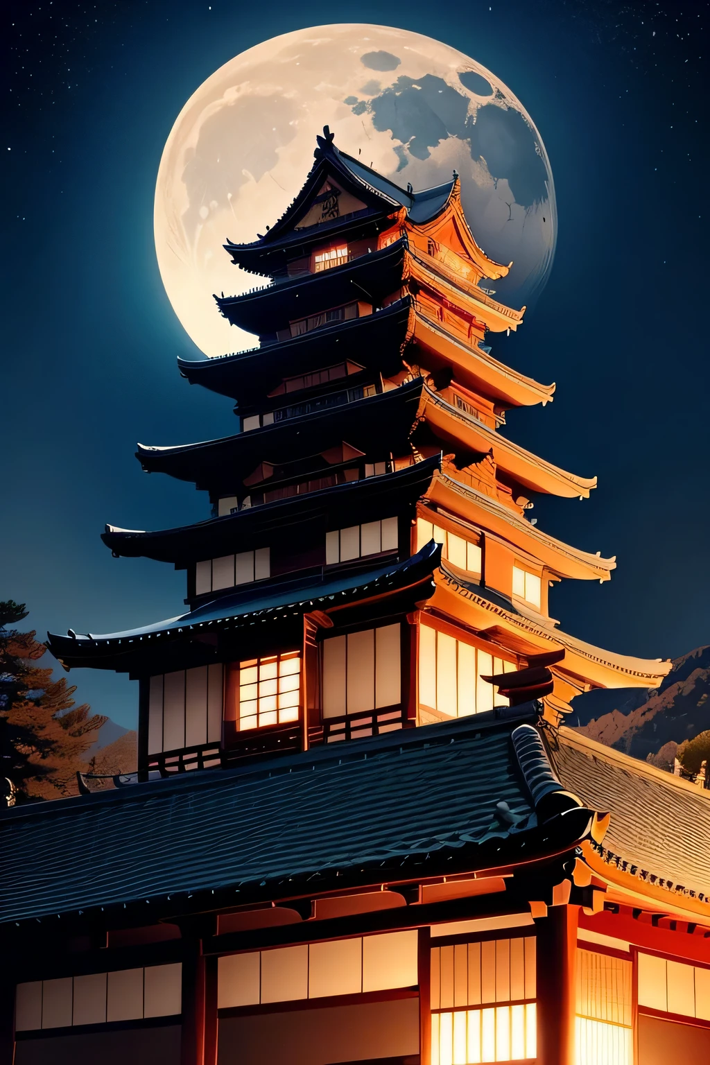 Oda Nobunaga&#39;Azuchi Castle towering over the mountain､Background of a moon big enough to fit a castle､view from below､dim night､５Storey