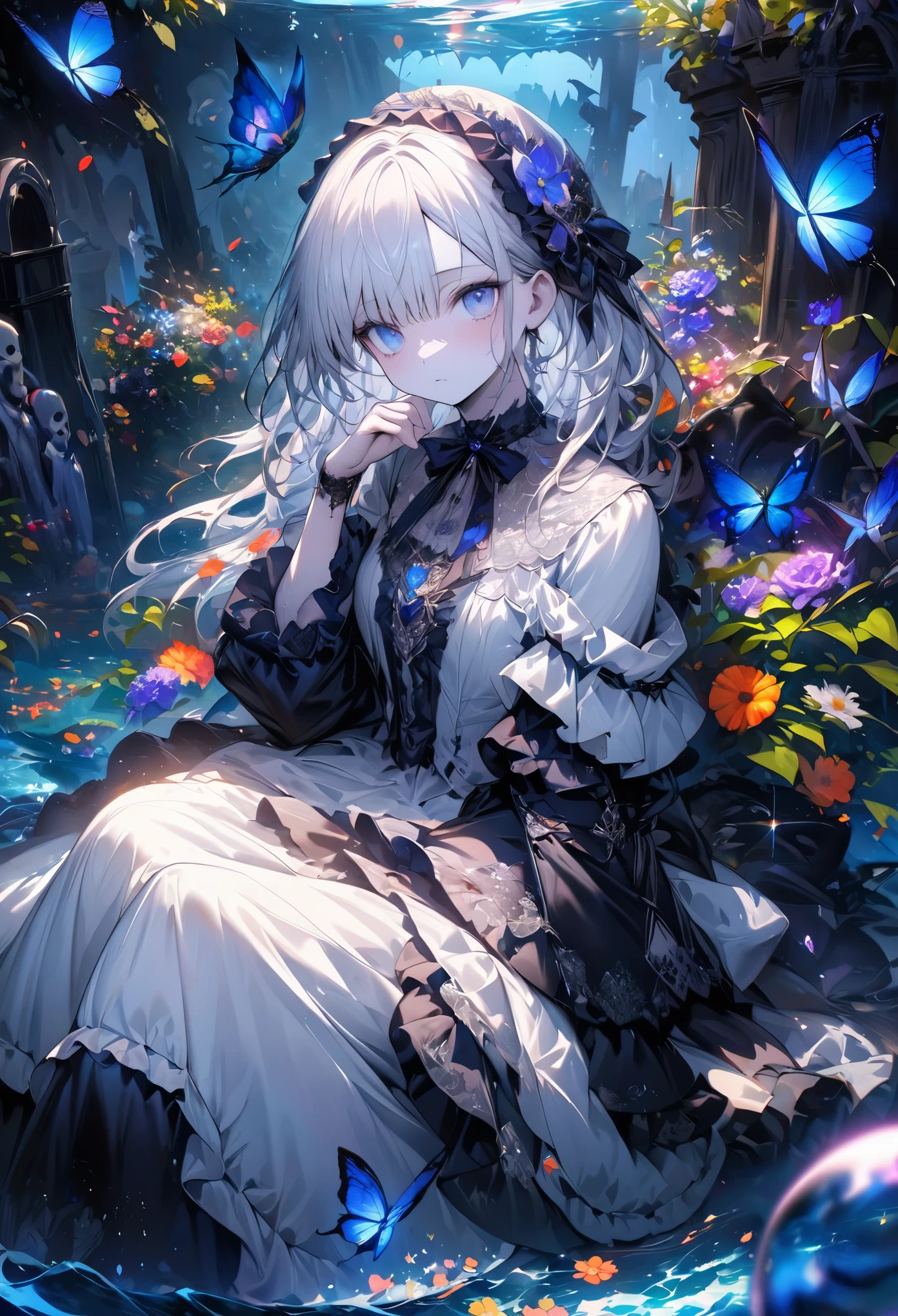 (masterpiece), (best quality), illustration, Super detailed, high dynamic range, depth of field, (rich and colorful), ,,This is a masterpiece that exudes exceptional quality. The illustration is ultra-detailed, Create a sense of depth with HDR technology. The theme is original, Beautifully, and beautiful artwork, Bright colors,Full of fantasy elements. Girl sitting by the deep sea, surrounded by running water, The background is a dark blue world tree, Located in the cemetery. The tranquil and dreamy atmosphere gives the whole scene a soulful and charming temperament. her pale complexion, sparkling blue eyes, Silver hair decorated with flowers,Create a captivating portrait. She wears lolita style fashion, Poker face,Keep your mouth shut. Backgrounds range from white, transparent, Loop options, There are also flying translucent blue butterflies,Adds liveliness.