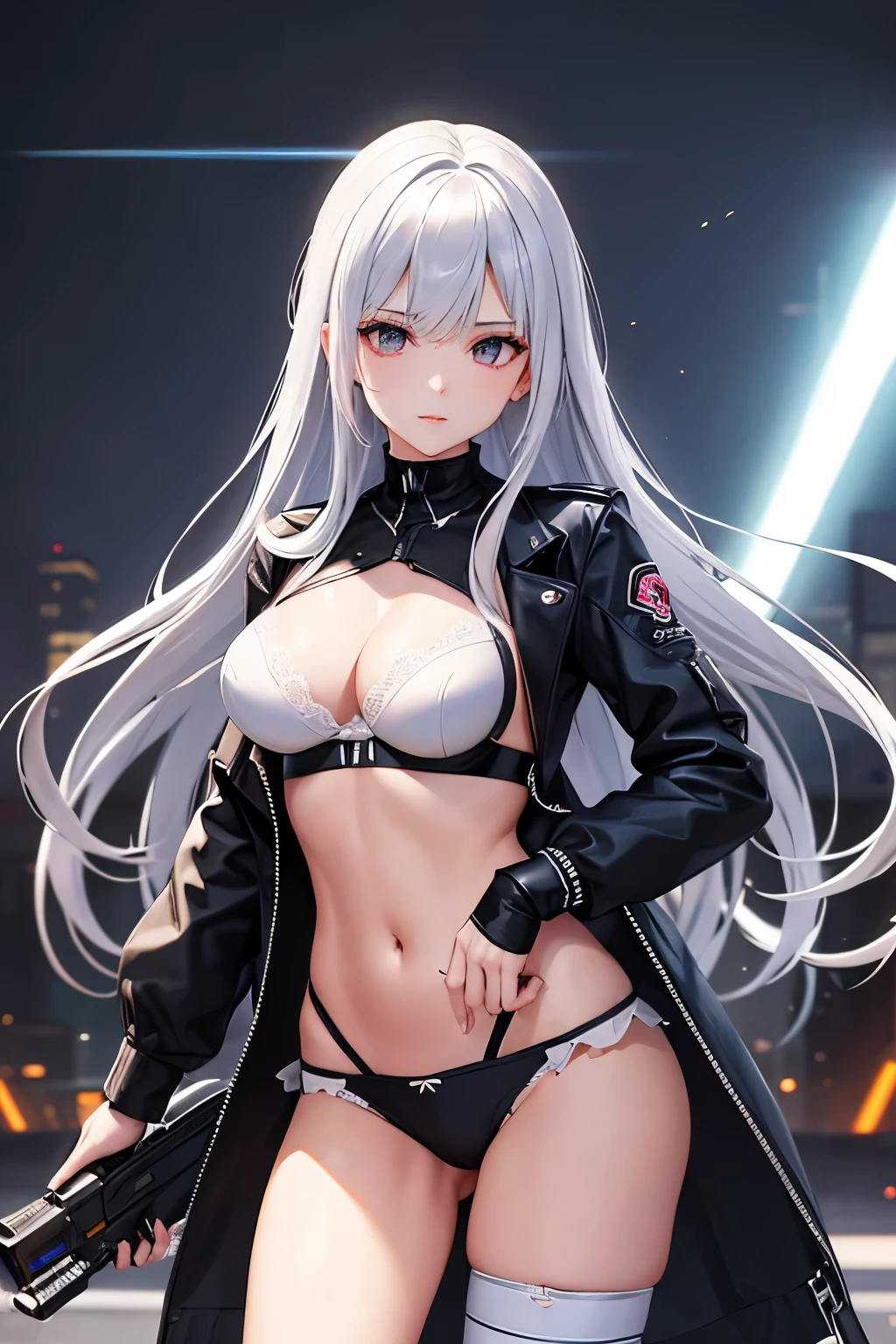 （（high quality、masterpiece、detailed、normal body、５This finger、Precise、delicate））、beautiful girl gunner（（C cup、have a gun、silver hair））、black racy jacket、white bra、white high leg、digs into the crotch、racy white and blue miniskirt、torn bra、Tattered jacket、exposed skin、partially torn skirt、underwear is visible、laser gun、beam rifle、high tech gun、near future weapons、arms、Aim in front with a gun:1.4、Subtly erotic