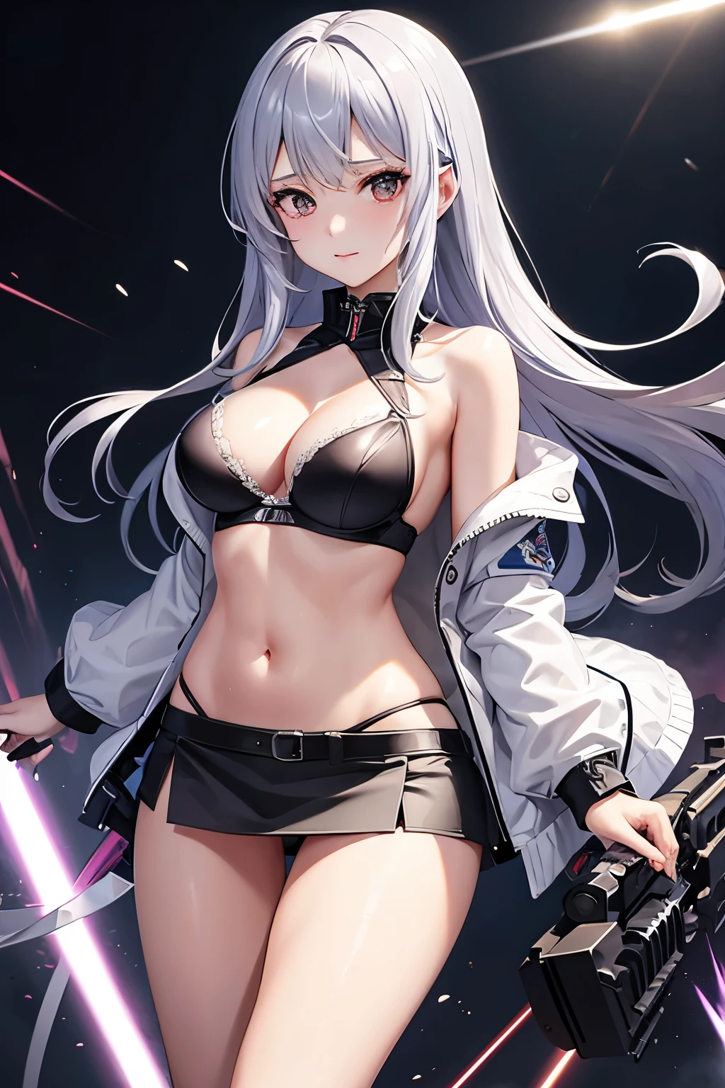 ((high quality、masterpiece、detailed、normal body、5This finger、Precise、delicate))、beautiful girl gunner((C cup、have a gun、silver hair))、black racy jacket、white bra、white high leg、digs into the crotch、racy white and blue miniskirt、torn bra、Tattered jacket、exposed skin、partially torn skirt、underwear is visible、laser gun、beam rifle、high tech gun、near future weapons、arms、Aim in front with a gun:1.4、Subtly erotic