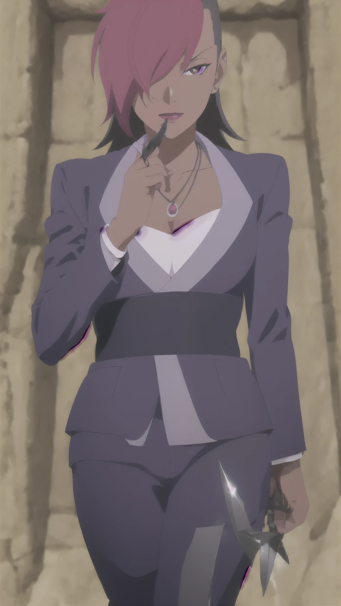 secretary, 1girl, solo, black hair, holding, jewelry, weapon, pink hair, earrings, dark skin, necklace, hair over one eye, dark-skinned female, makeup, parody, formal, suit, knife, lipstick, holding knife, kunai, anime coloring