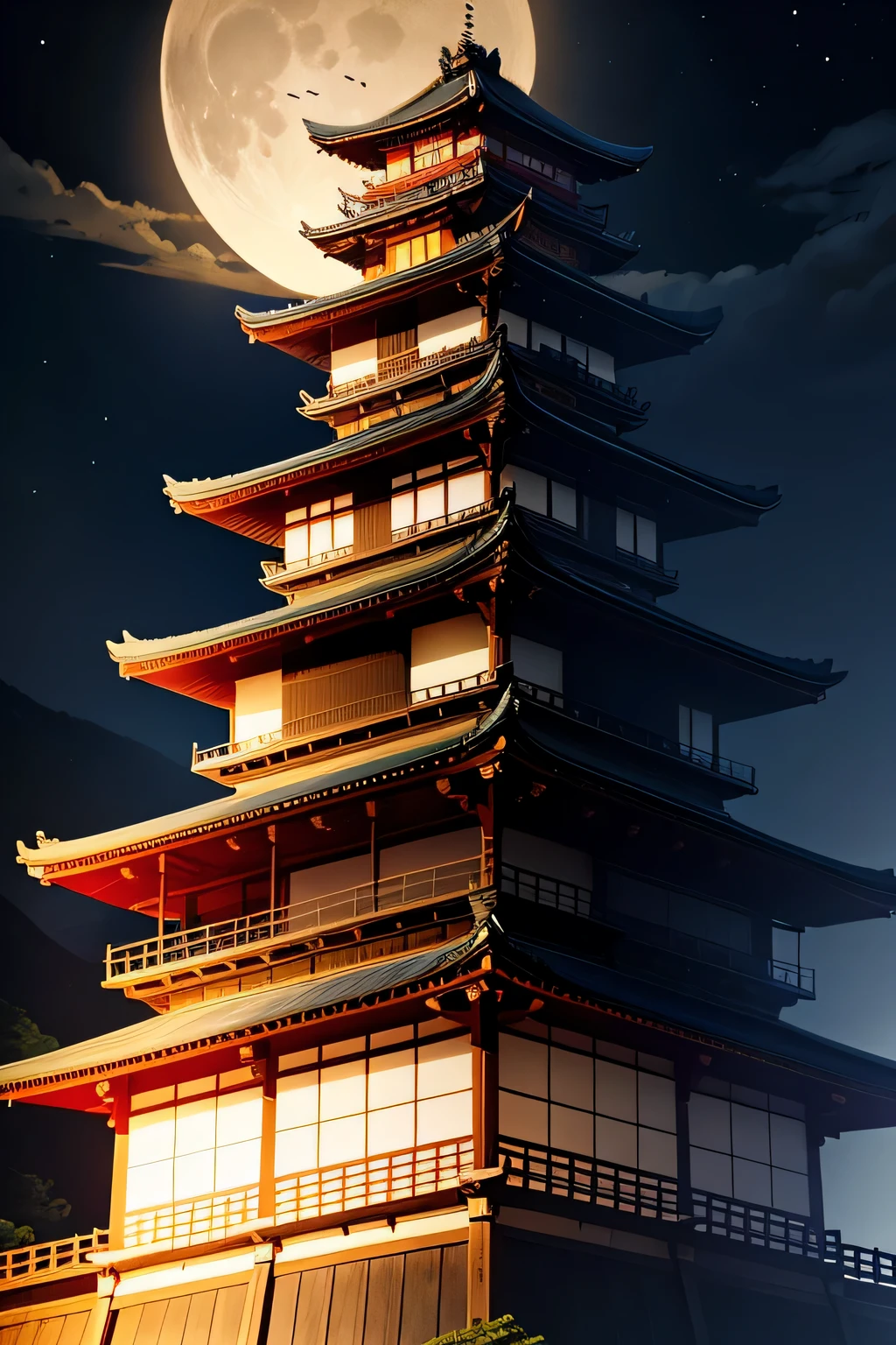 Oda Nobunaga'Azuchi Castle towering over the mountain、big moon background、view from below、dim night、
